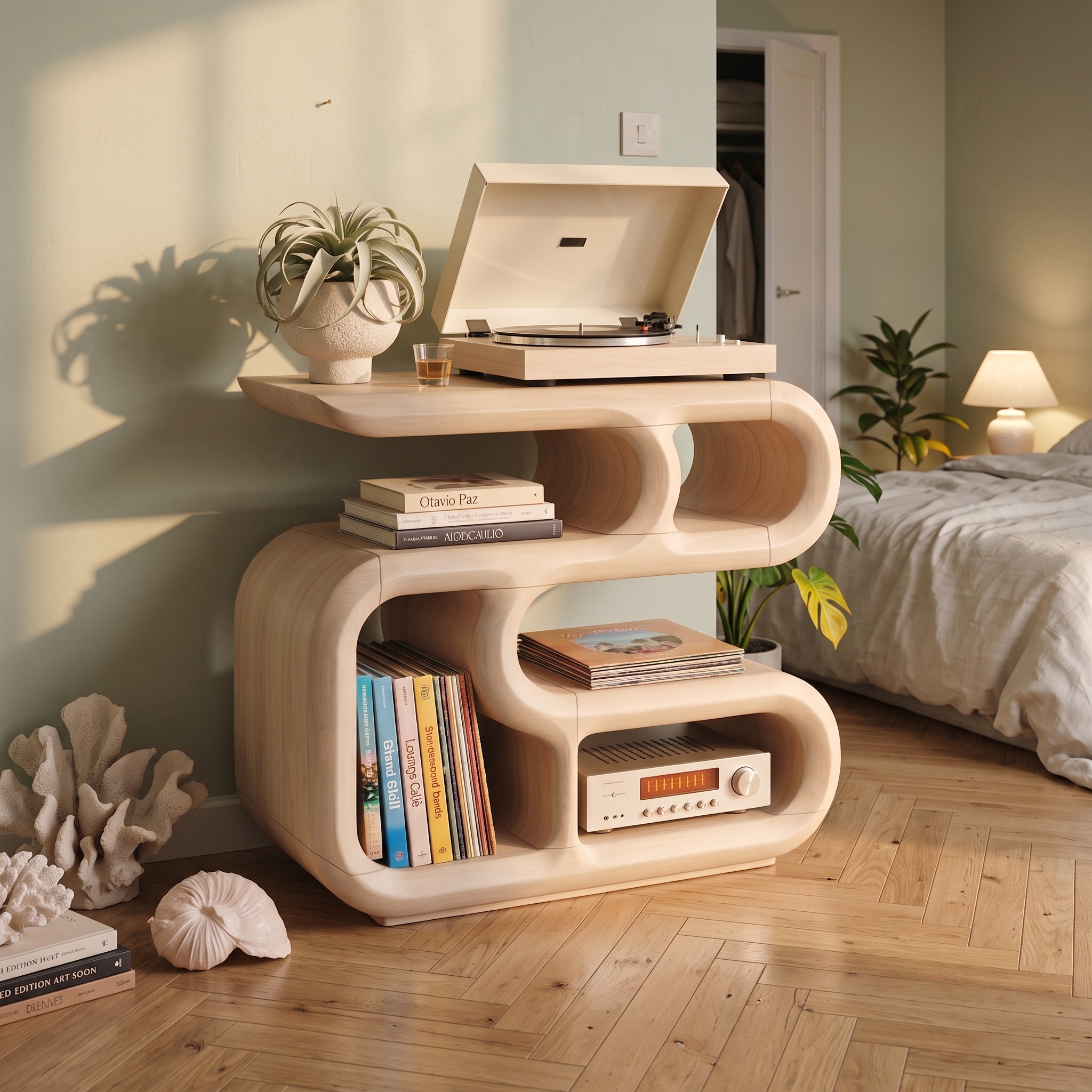 Minimalist Record Player Cabinet, Solid Wood Turntable Stand with LP Album Storage for Apartment Living Room