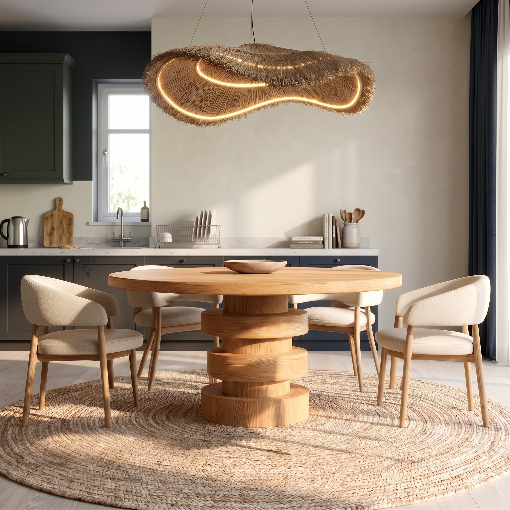 Minimalist Round Dining Table, Sculptural Solid Wood Base Kitchen Table for Modern Dining Room