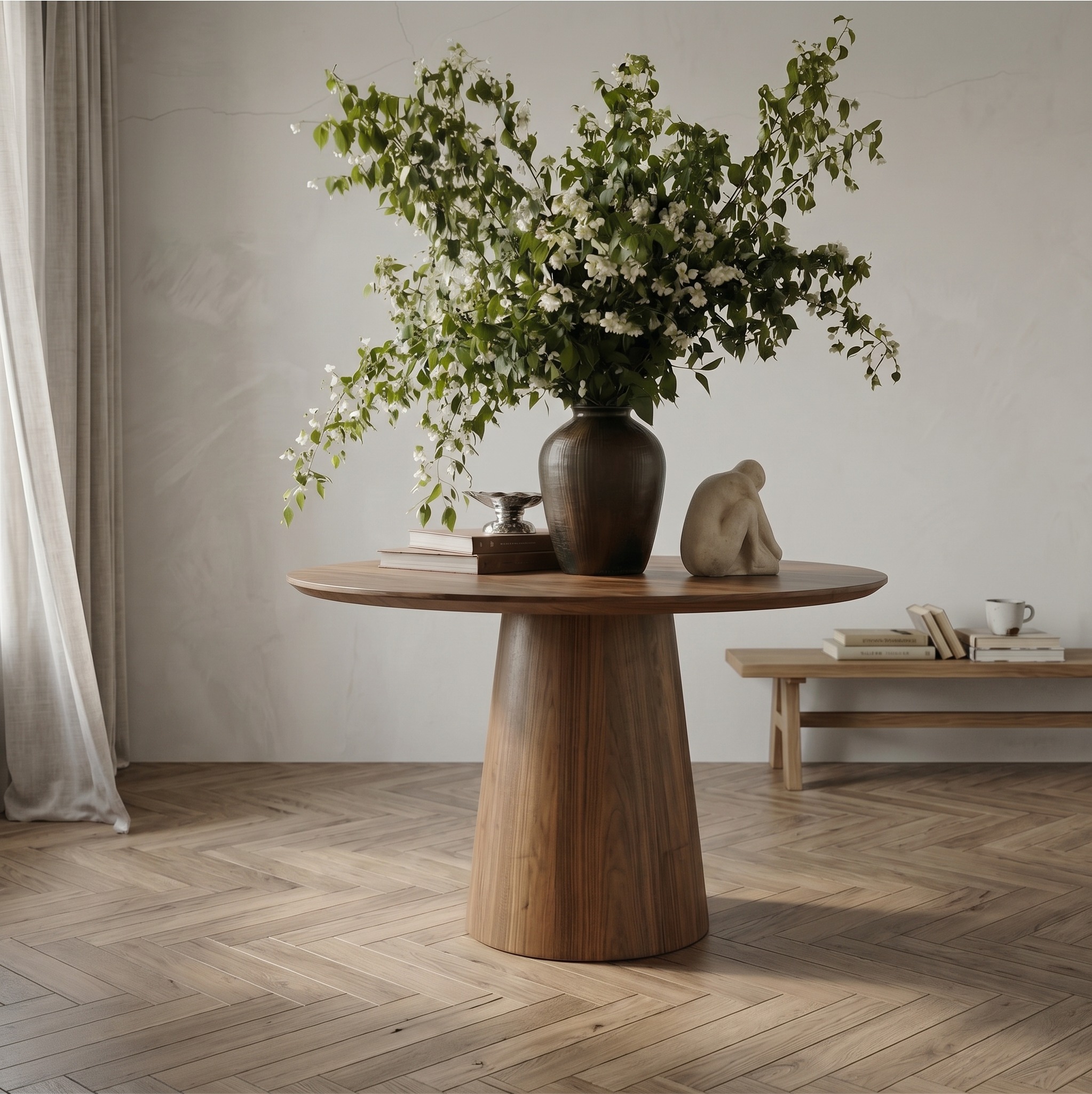 Minimalist Round Entryway Table, Solid Wood Modern Foyer & Hallway Accent Pedestal Table