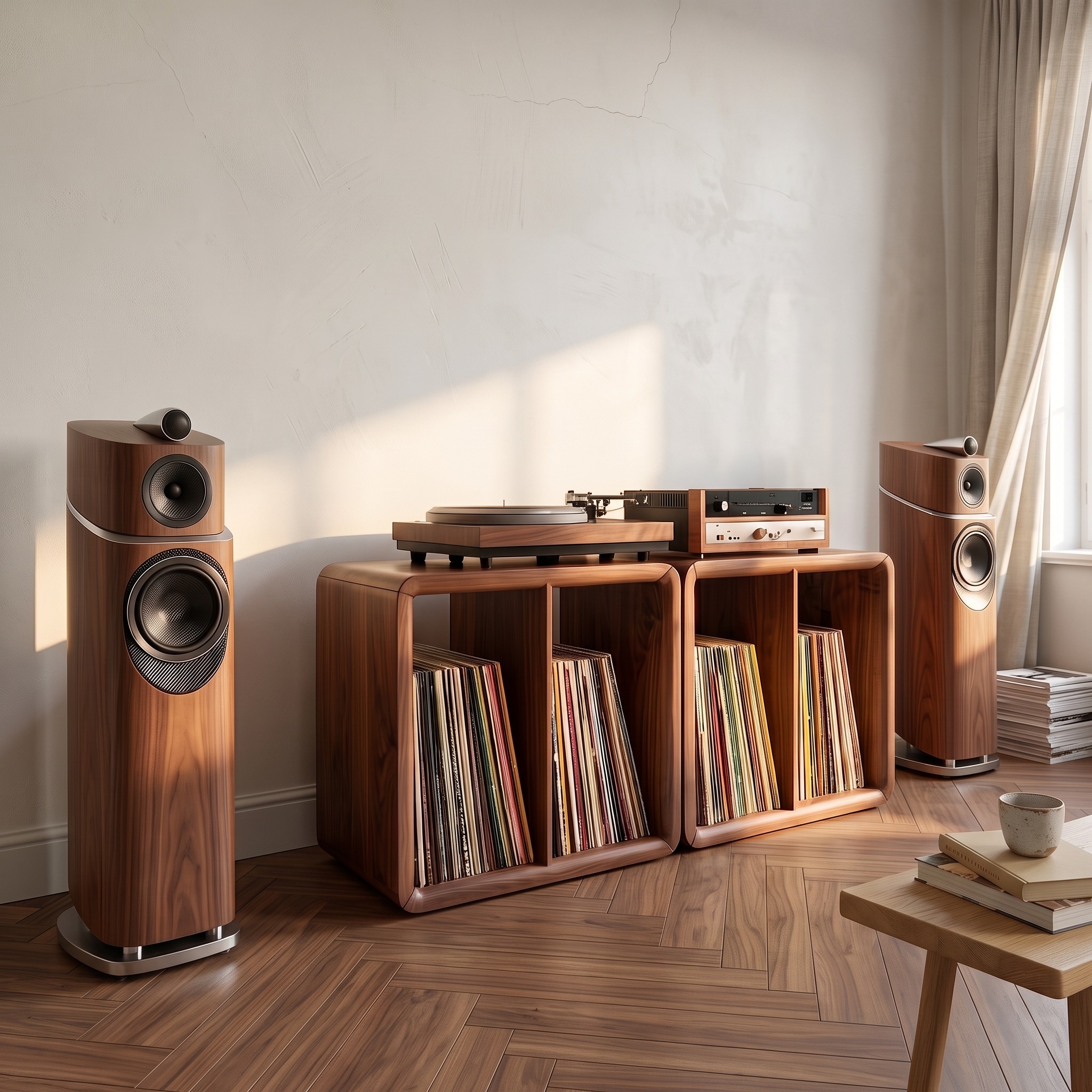 Minimalist Rounded Record Player Stand, Handcrafted Mid-Century Modern Wood Vinyl Storage Cabinet, Model