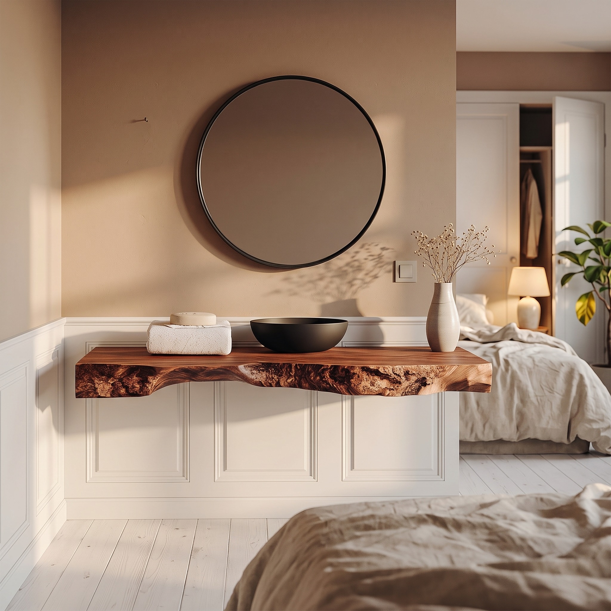 Minimalist Rustic Bathroom Vanity, Floating Live Edge Solid Wood Sink Console Shelf & Bathroom Organizer