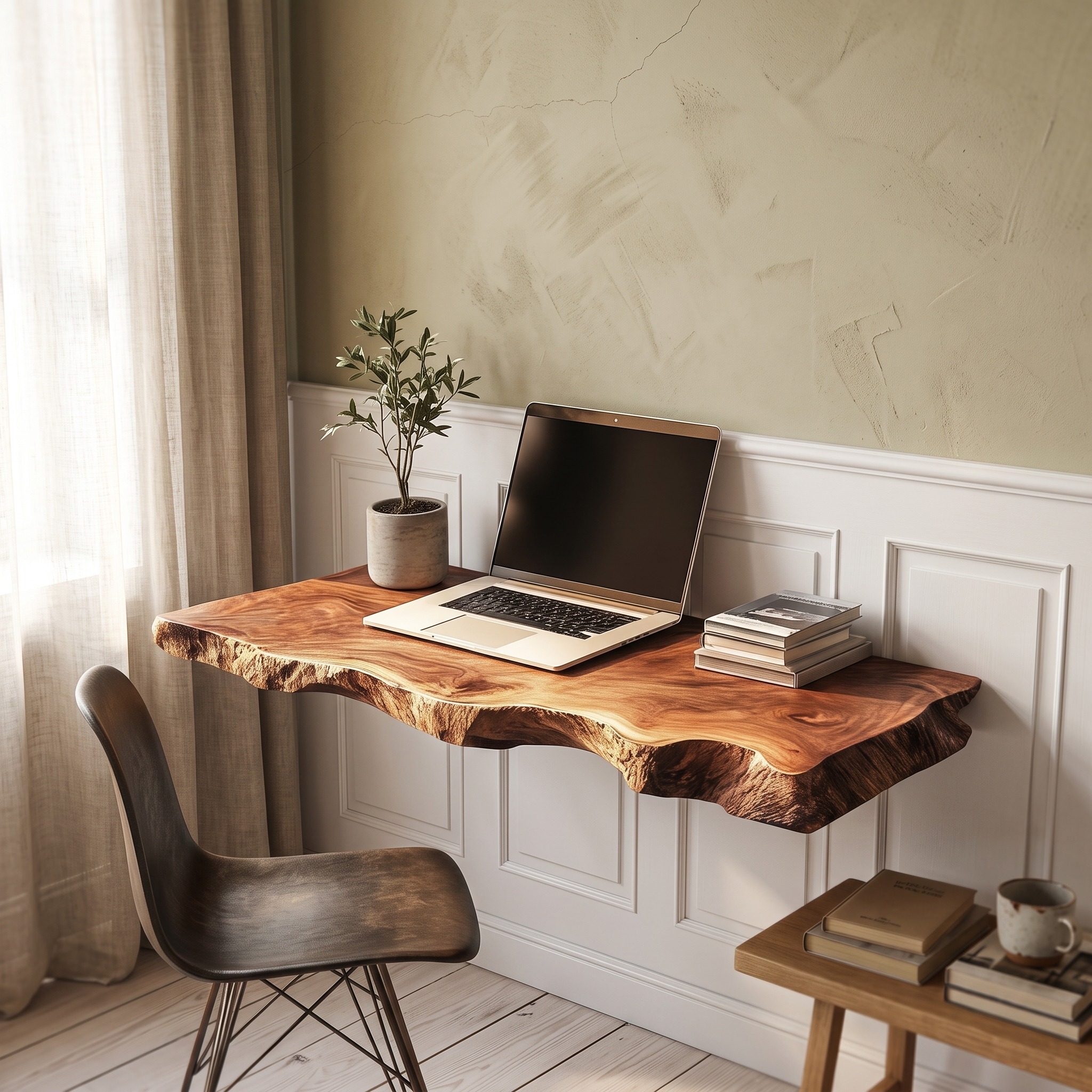 Minimalist Rustic Floating Wood Desk, Wall Mounted Space-Saving Laptop Vanity Table for Small Office or Studio Workspace