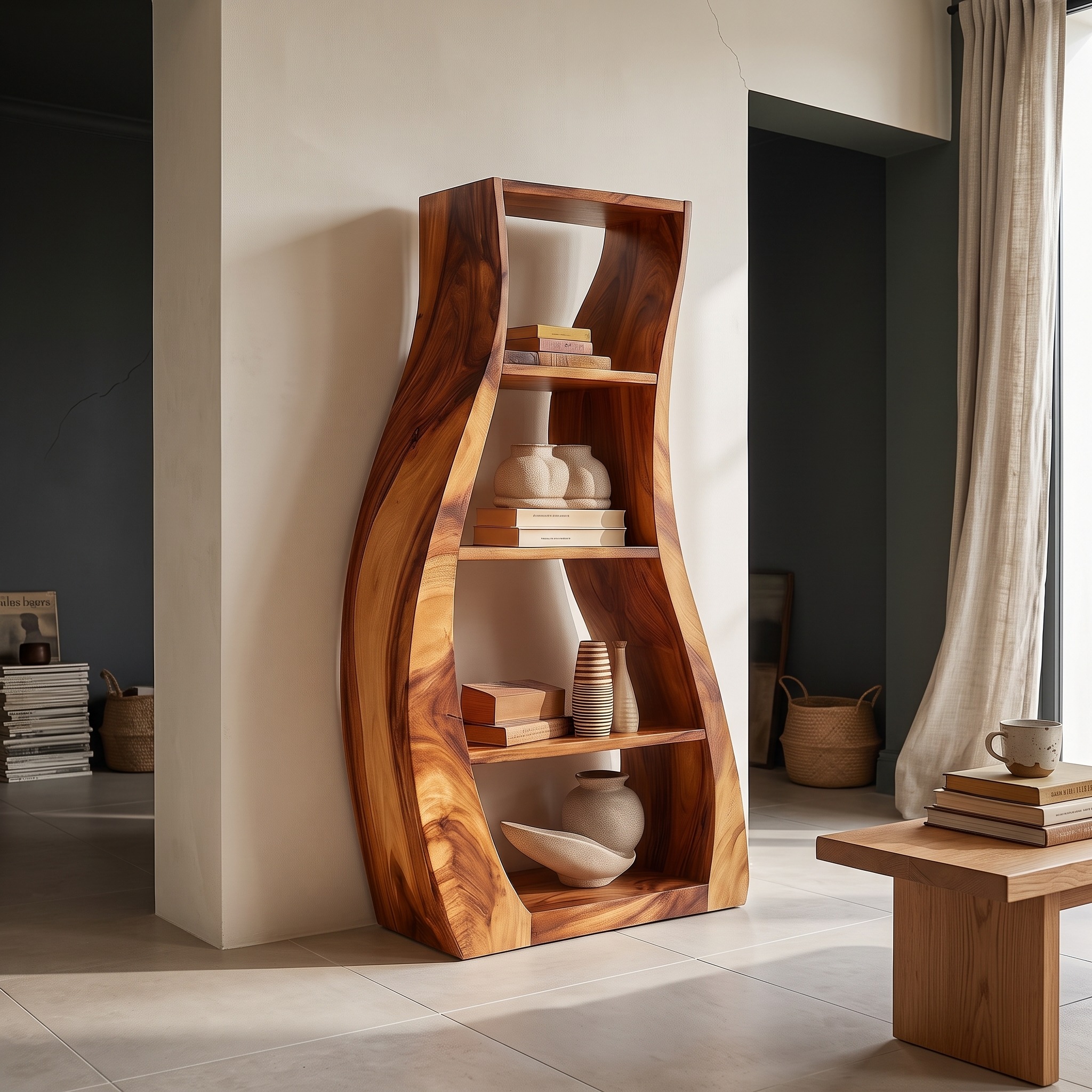 Minimalist Sculpted Wooden Accent Shelf with Flowing Silhouette
