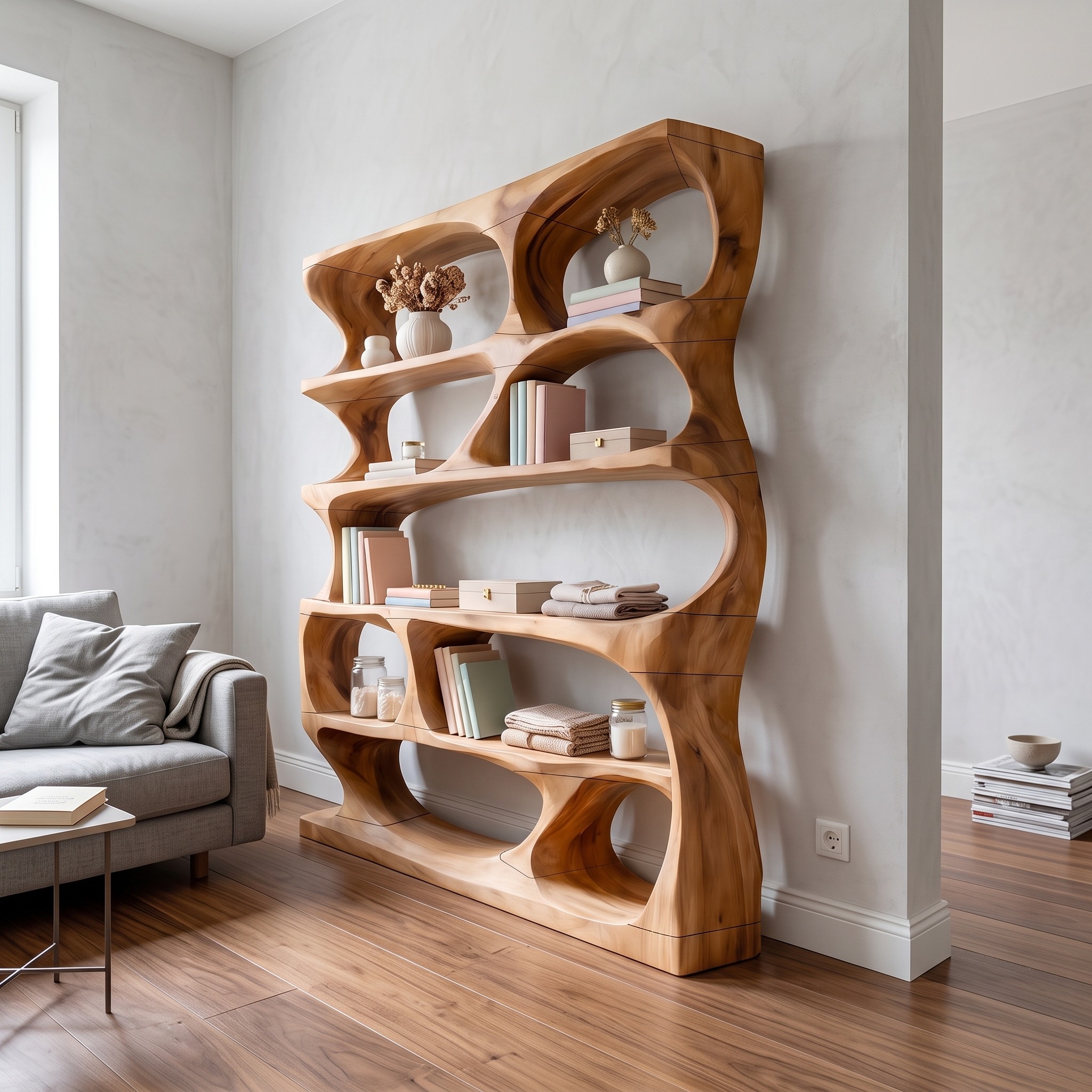 Minimalist Sculptural Bookshelf, Handcrafted Solid Wood Vertical Bookcase & Storage Display Organizer for Home Office
