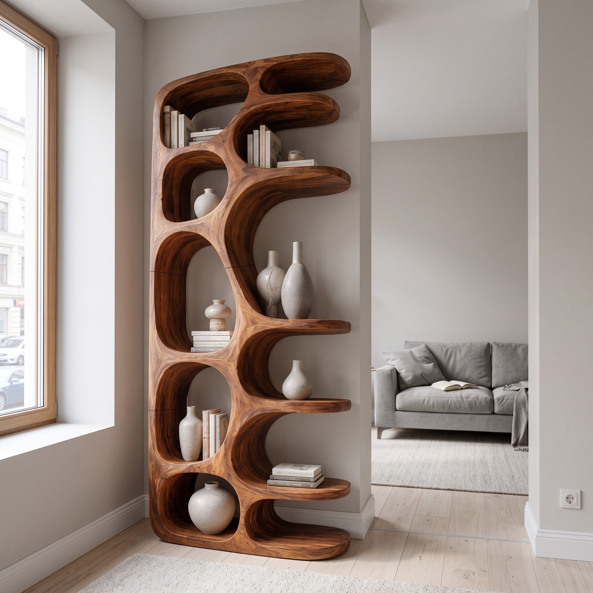 Minimalist Sculptural Bookshelf, Solid Wood Standing Bookcase Display Rack for Living Room