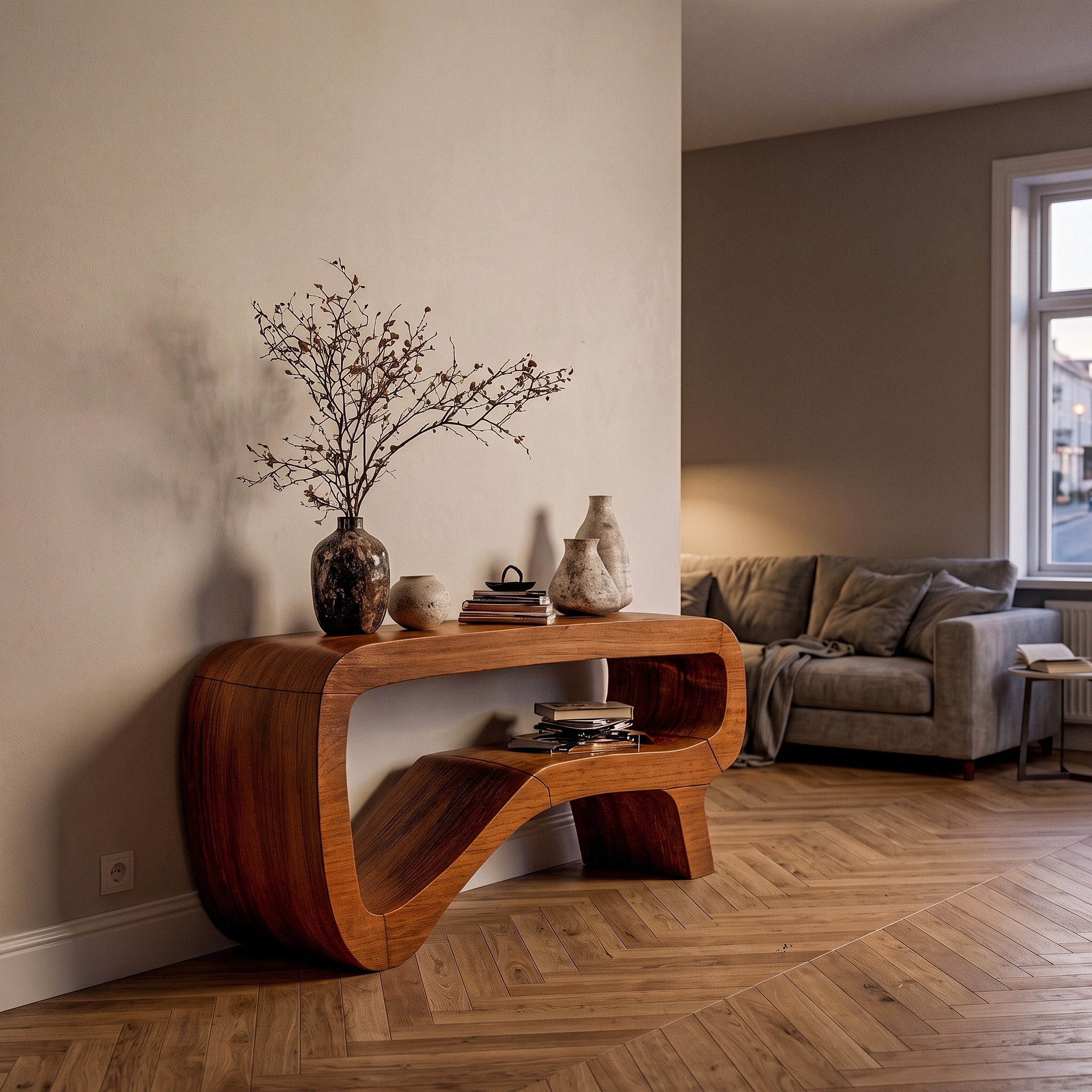 Minimalist Sculptural Console Table, Solid Wood Foyer Table, Modern Hallway & Entryway Accent Furniture