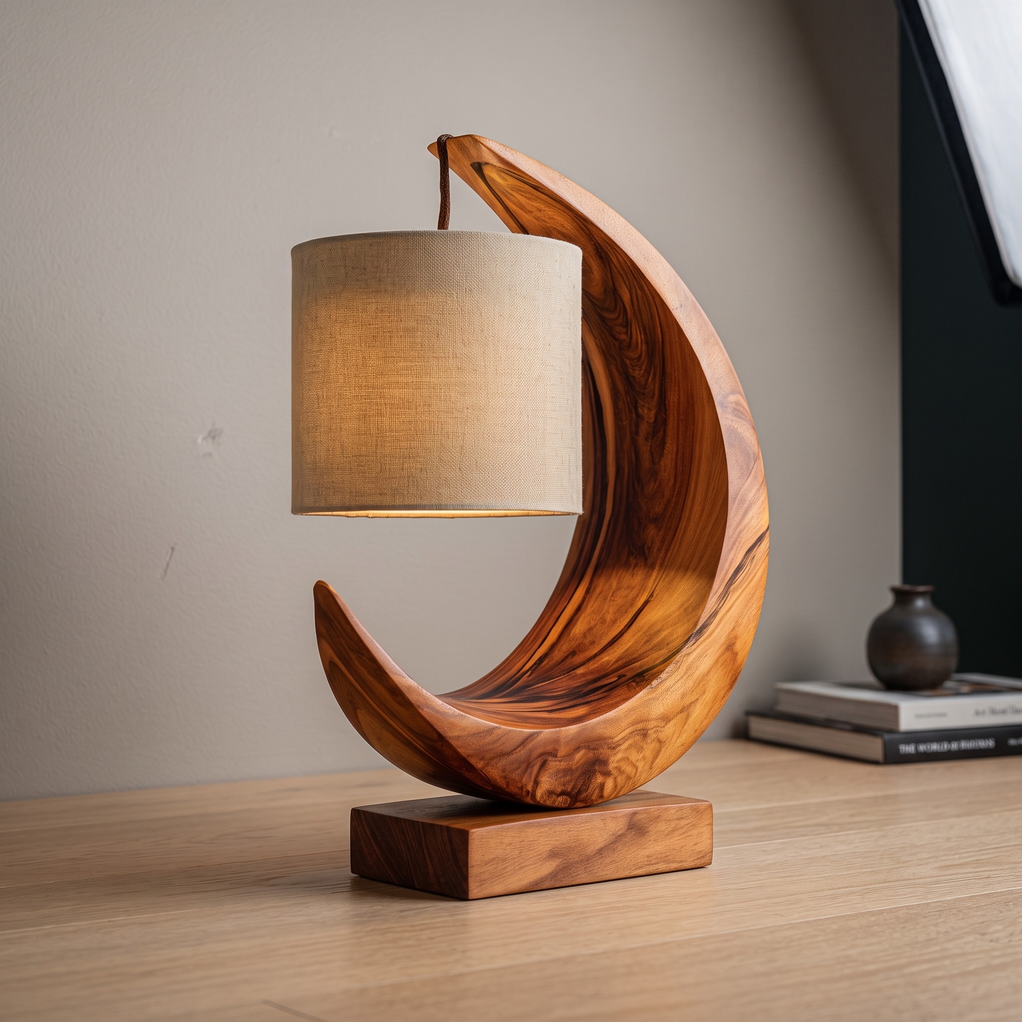 Minimalist Sculptural Table Lamp, Modern Wood Bedside Nightstand Light for Bedroom Reading Nook