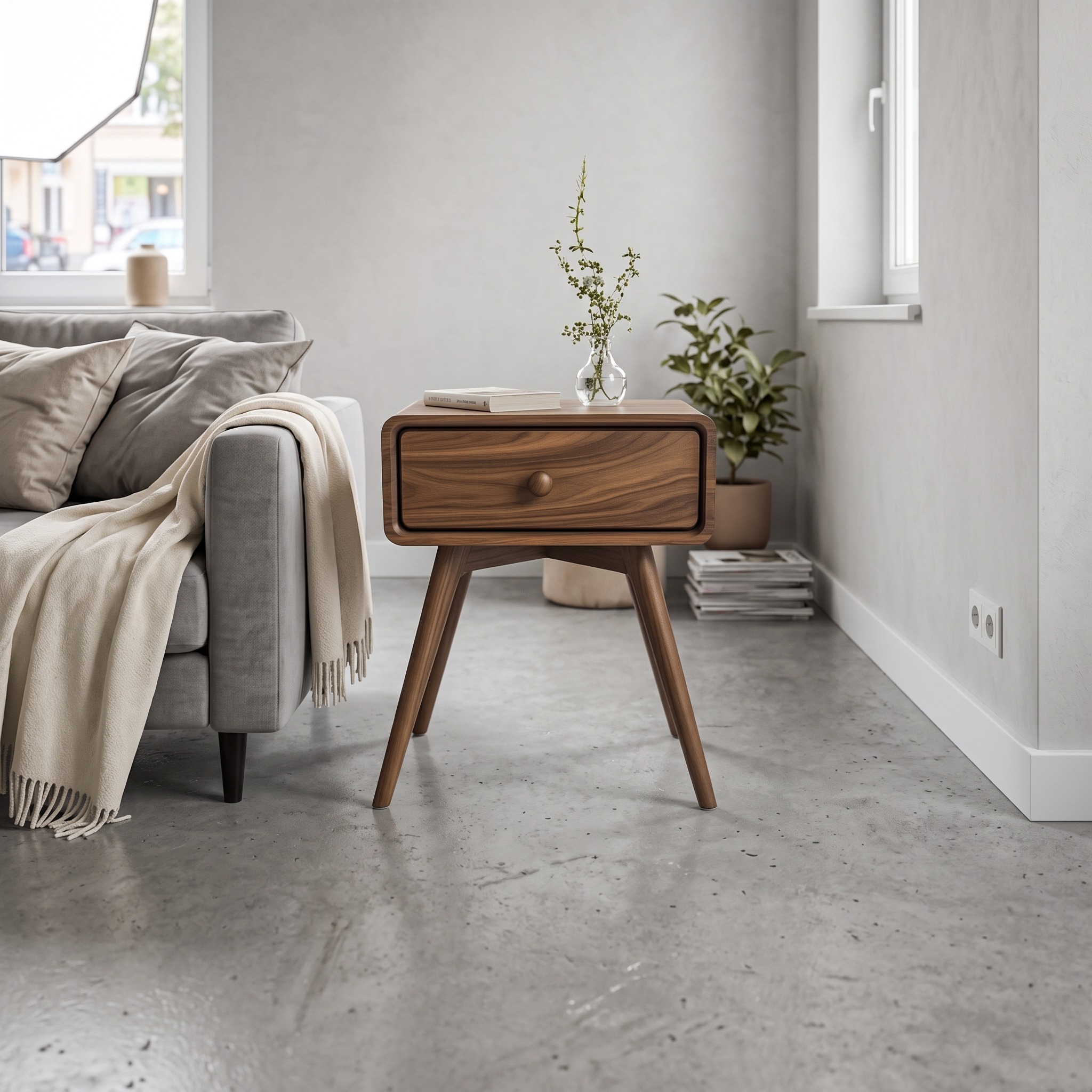 Minimalist Sculptural Wood Side Table, Modern Geometric Bedside End Table for Bedroom & Living Room, Model