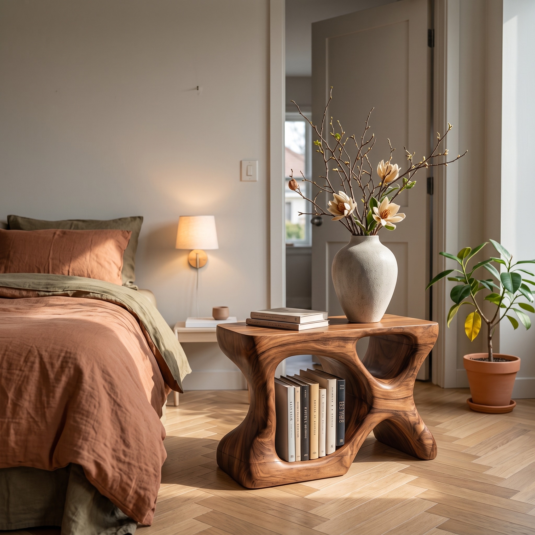 Minimalist Sculptural Wood Side Table with Storage for Living Room