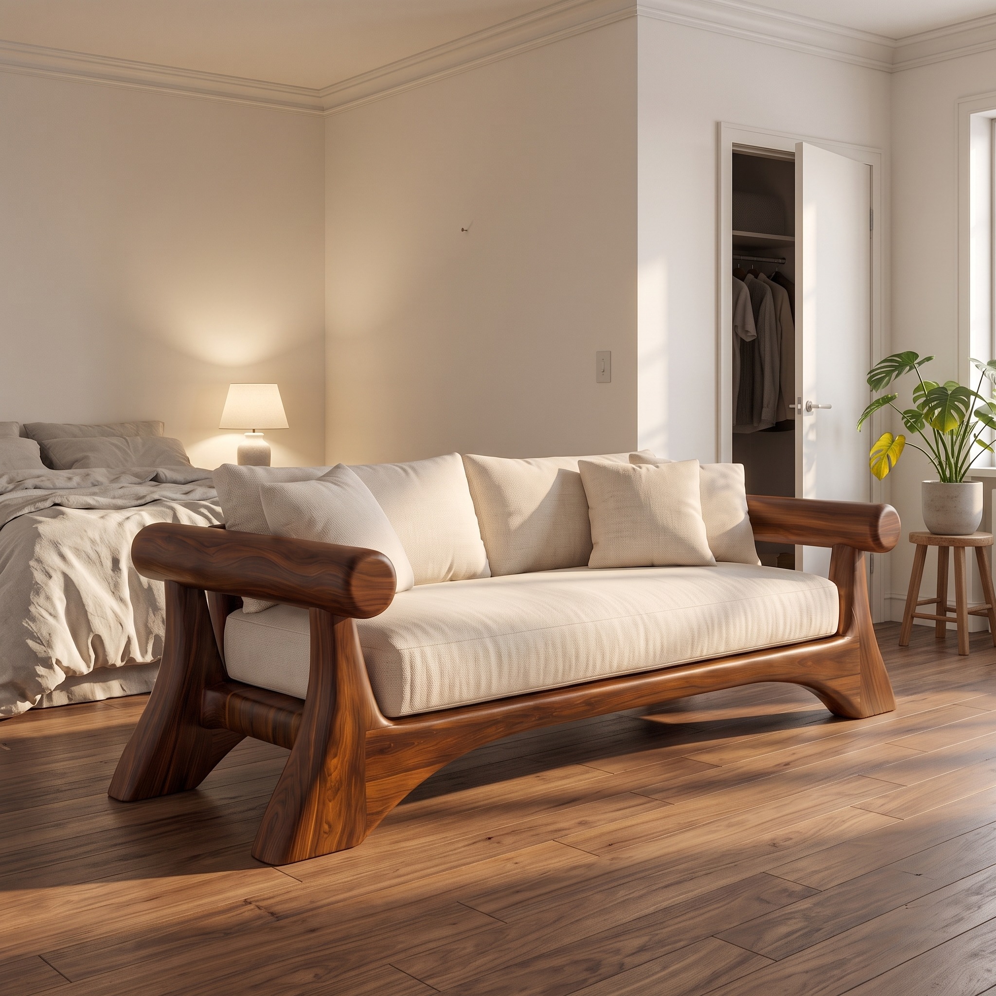 Minimalist Sofa Frame with Curved Solid Wood Arms for Living Room