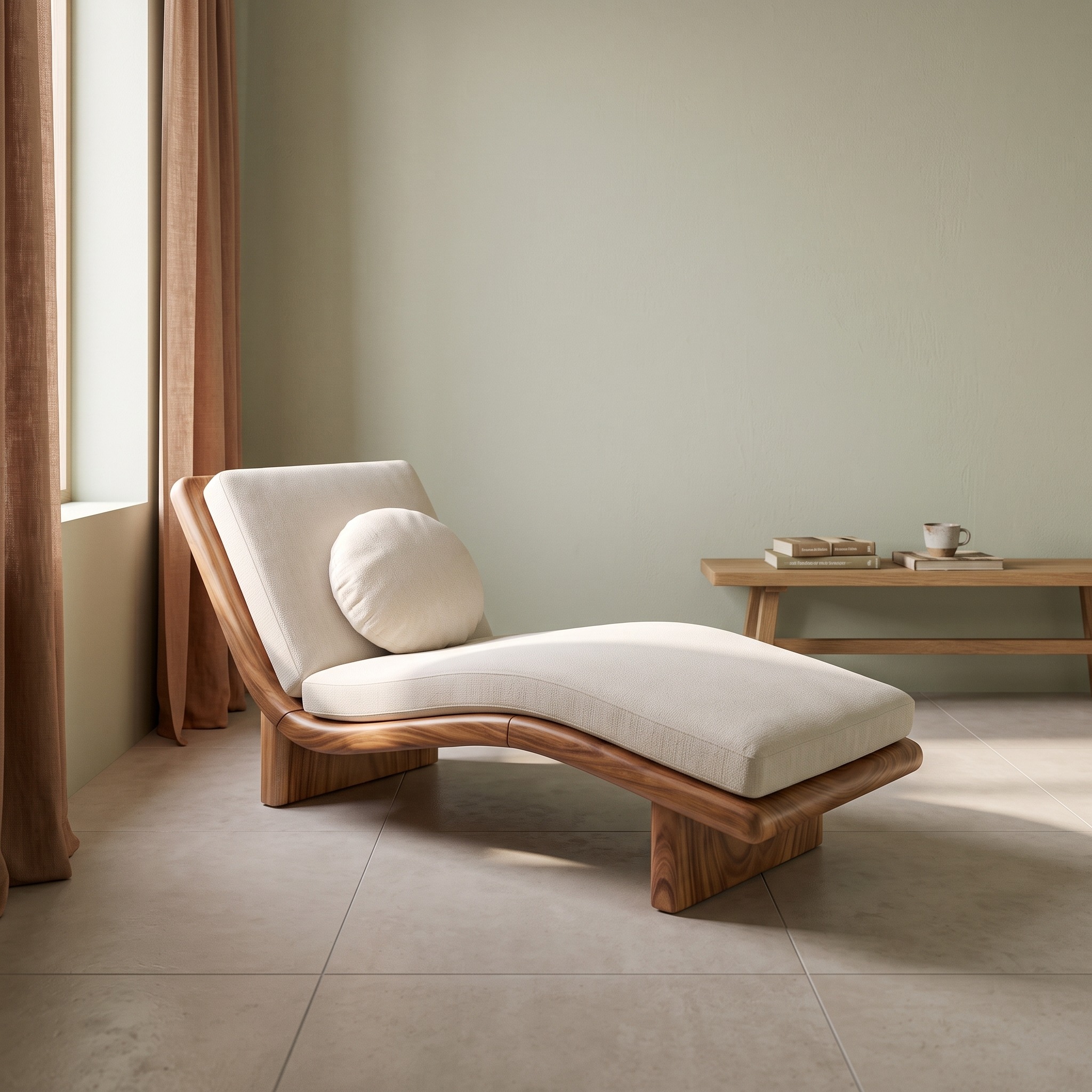 Minimalist Solid Walnut Chaise Lounge, Serene Coastal Daybed Sleeper Sofa for Living Room