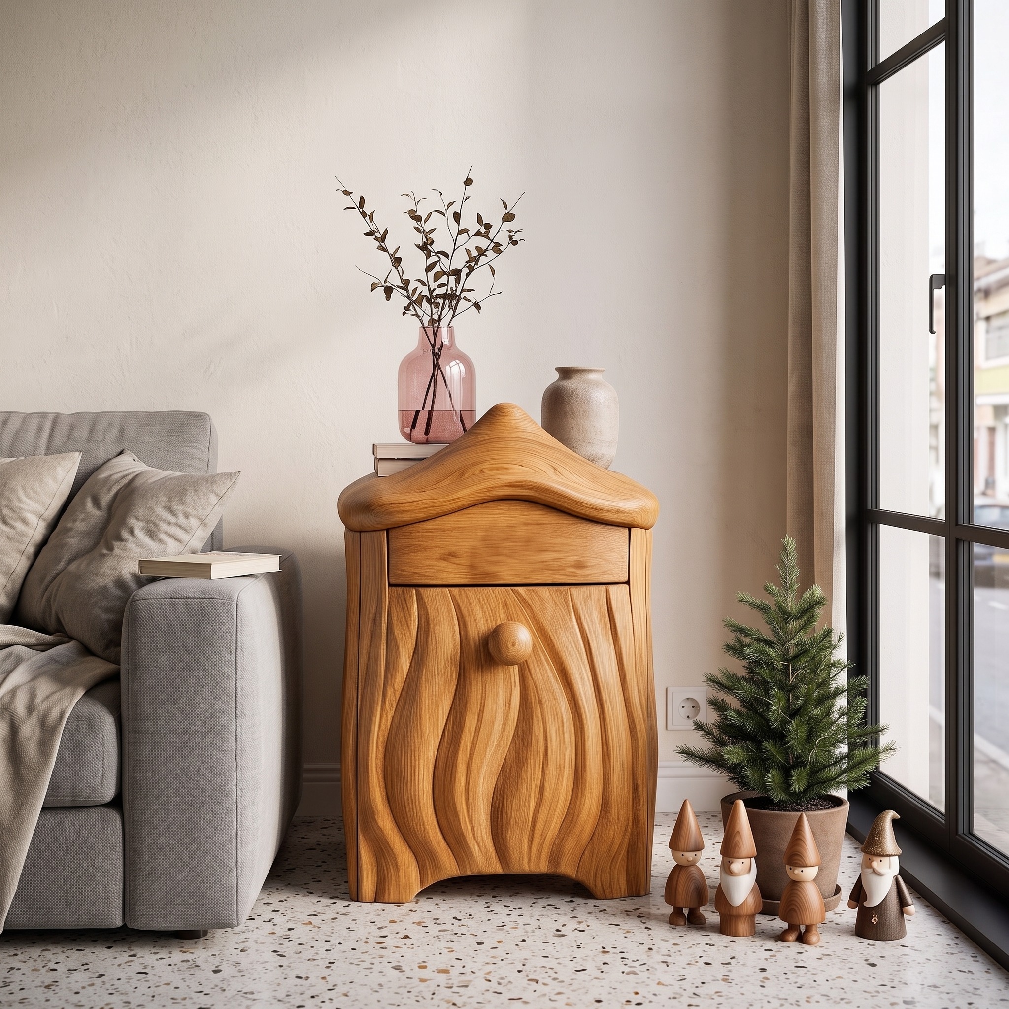 Minimalist Solid Wood Bedside Table with Artistic Door Design