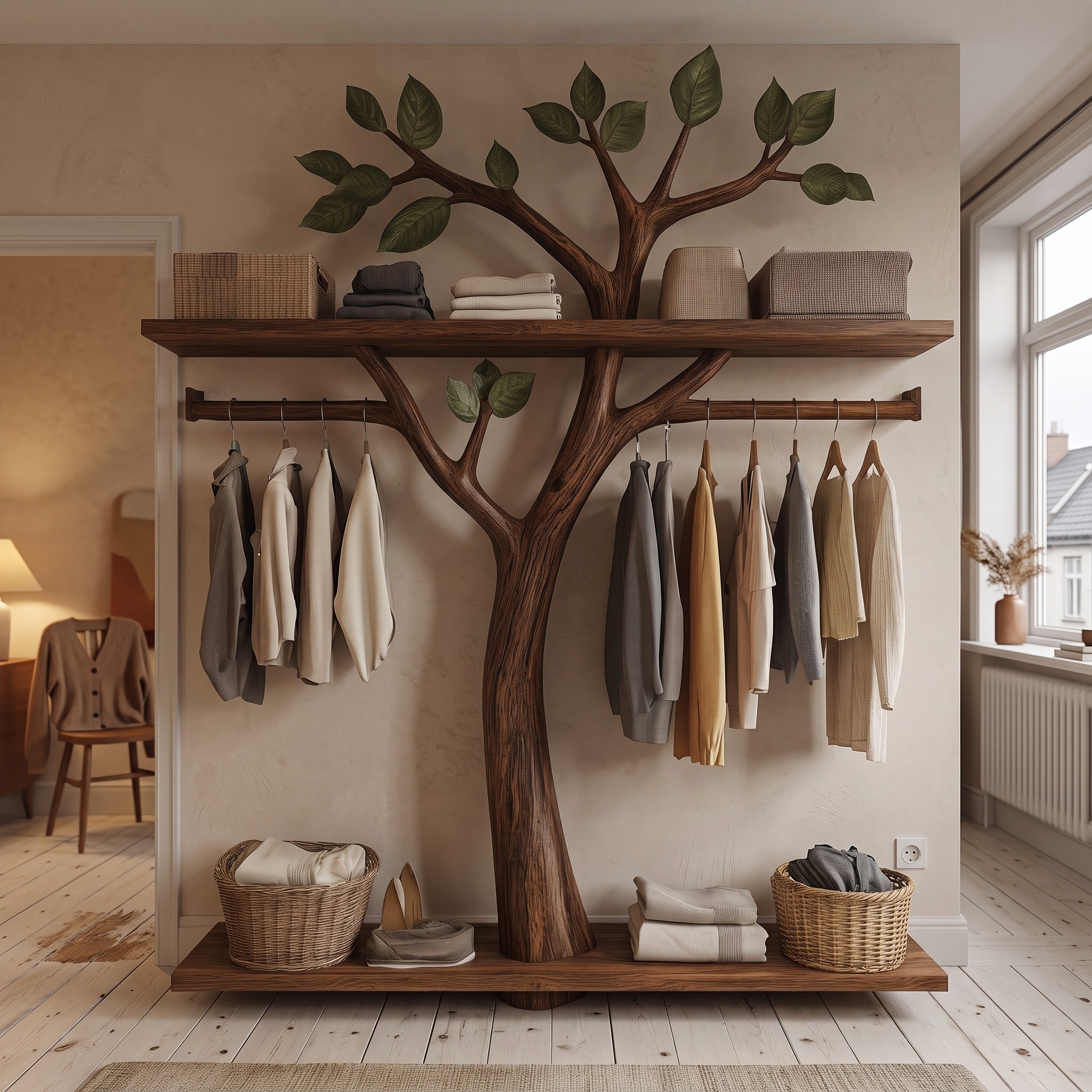 Minimalist Solid Wood Tree Wardrobe Rack Modern Look Bedroom