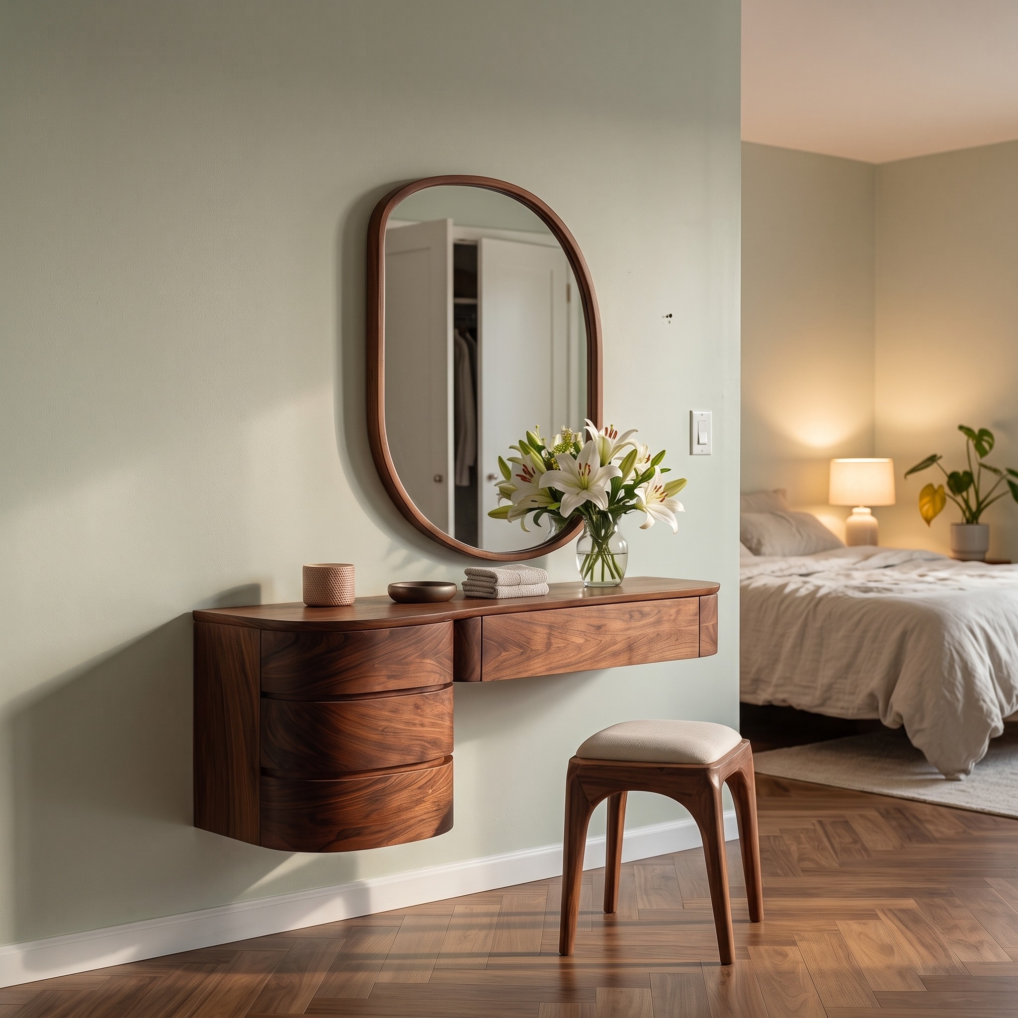 Minimalist Wall Mounted Vanity with Drawer for Sunlit Bedroom
