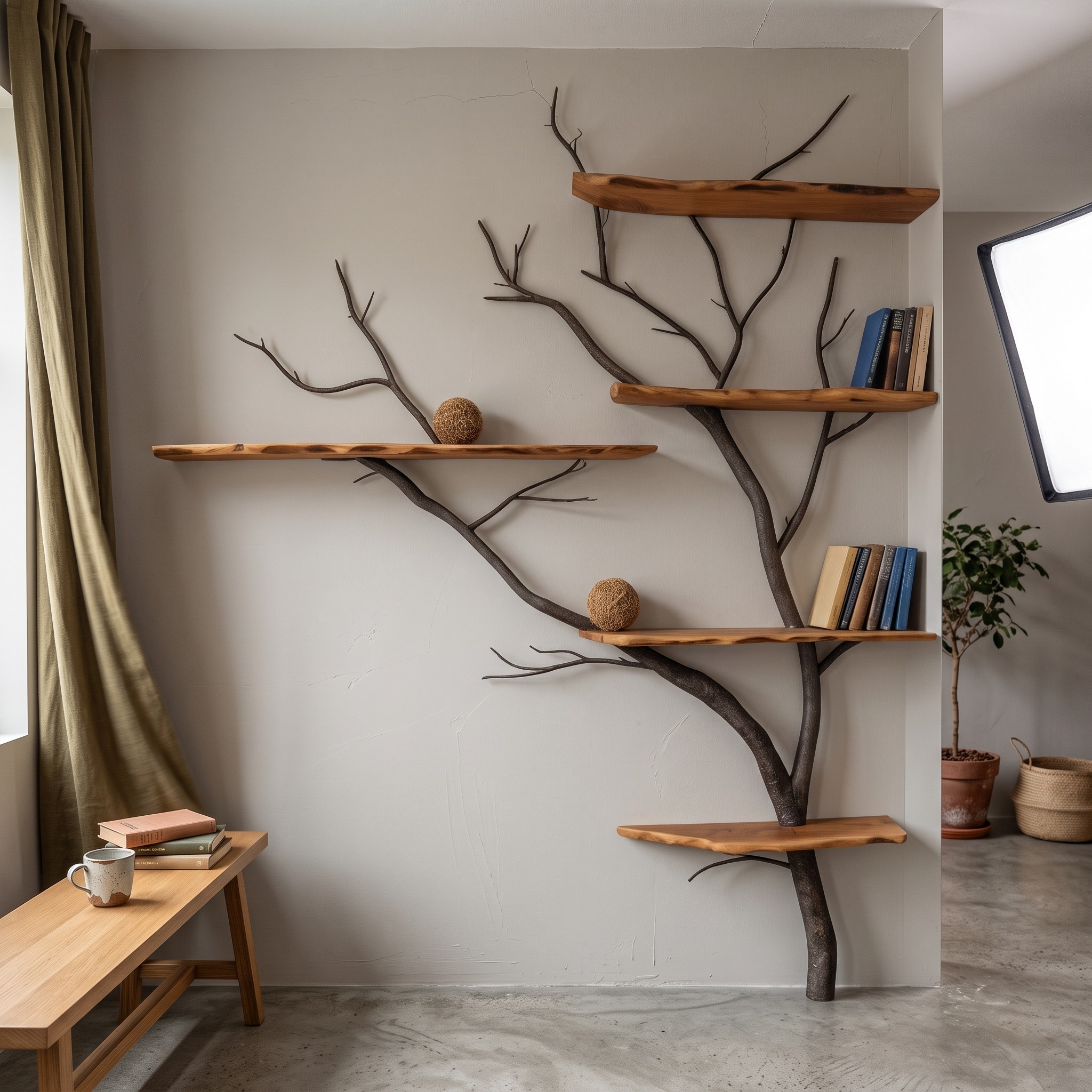 Minimalist Wild Mulberry Wood Corner Tree Bookshelf Decor for Living Room