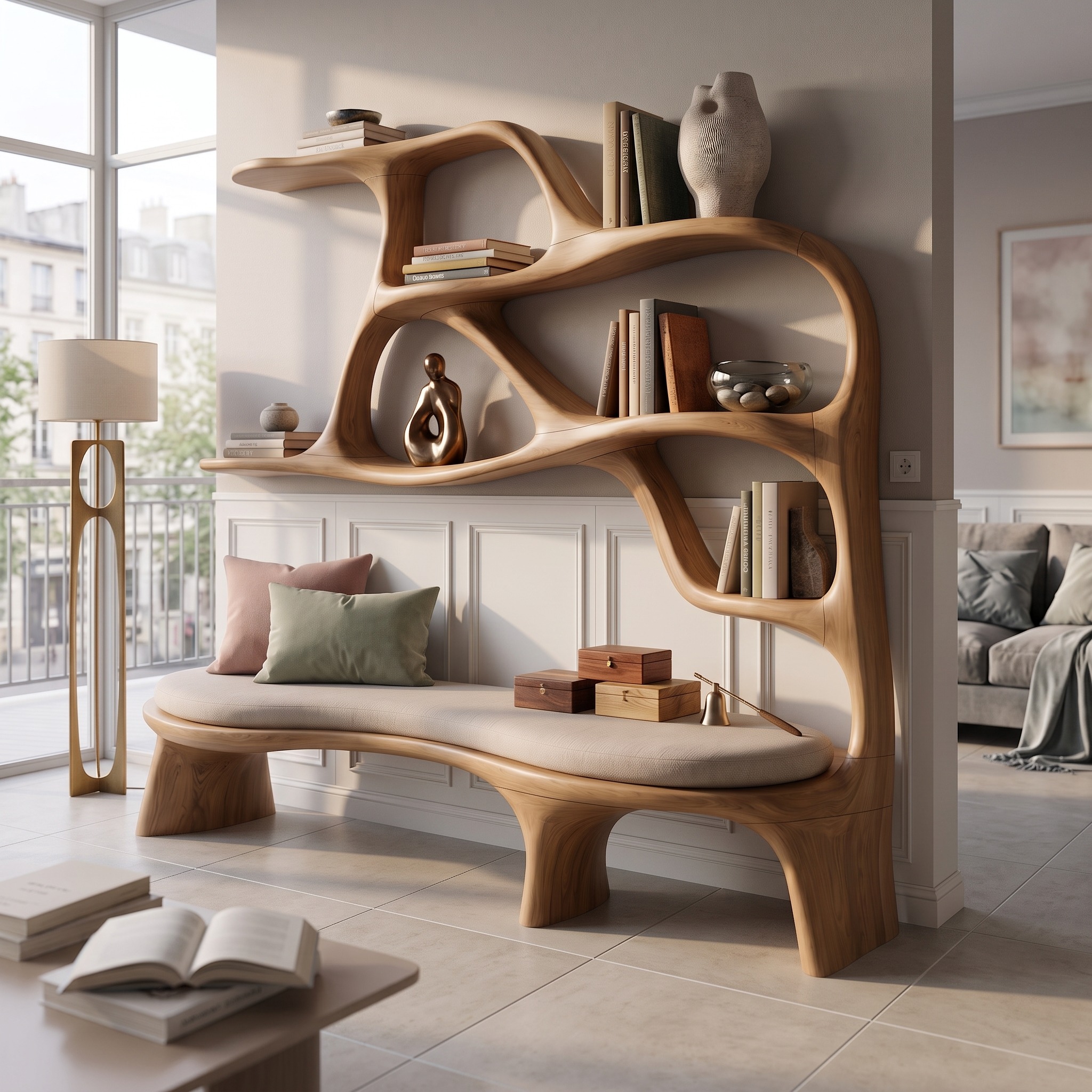 Minimalist Window Seat Bookcase for Modern Bedroom