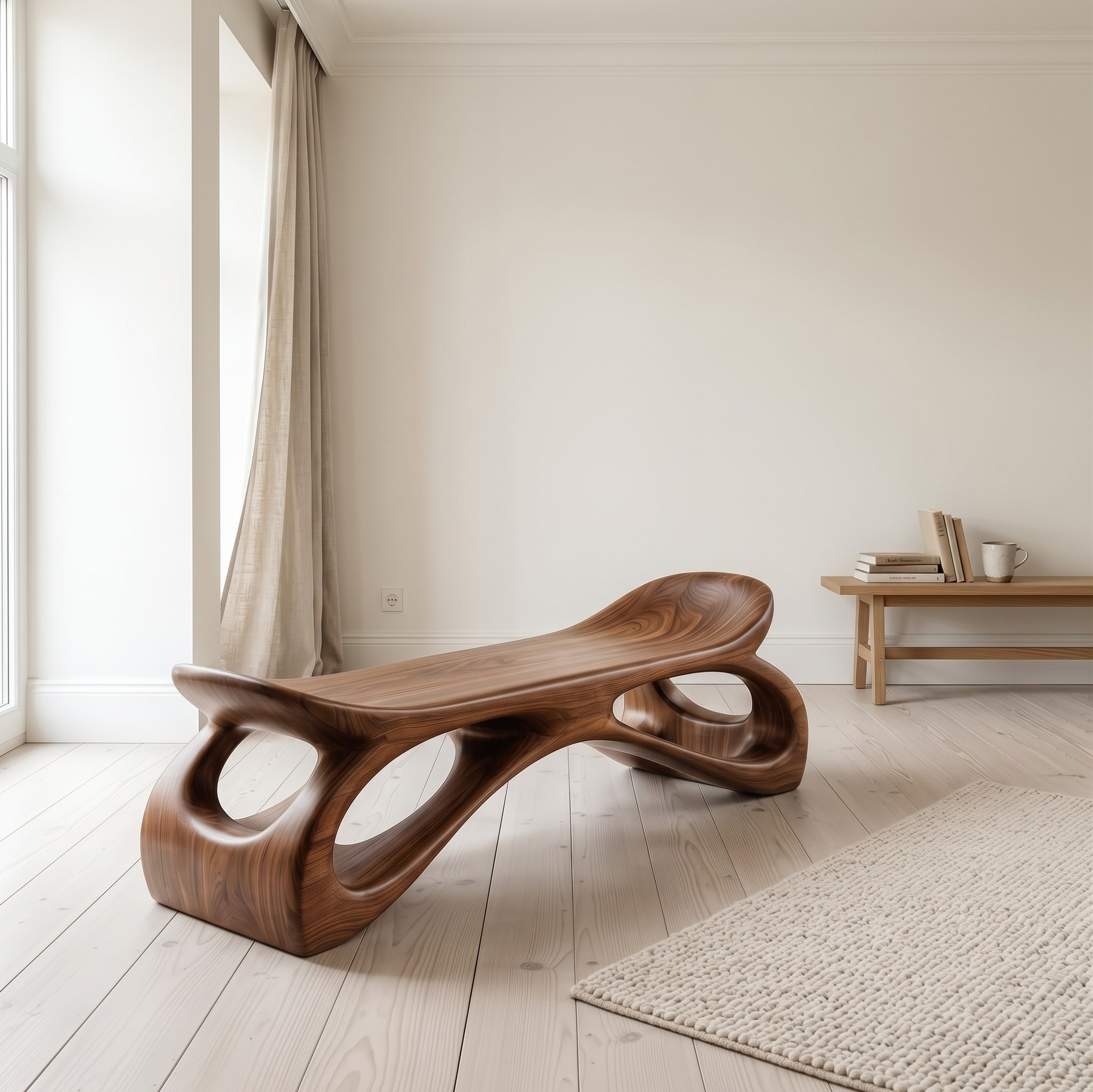 Minimalist Wooden Bench Sculpture Hollow Design for Hallway