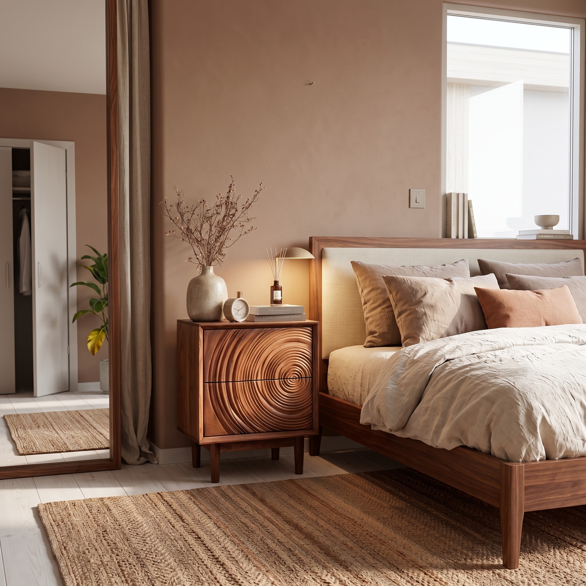 Minimalist Wooden Nightstand with Sculptural Door for Modern Bedroom