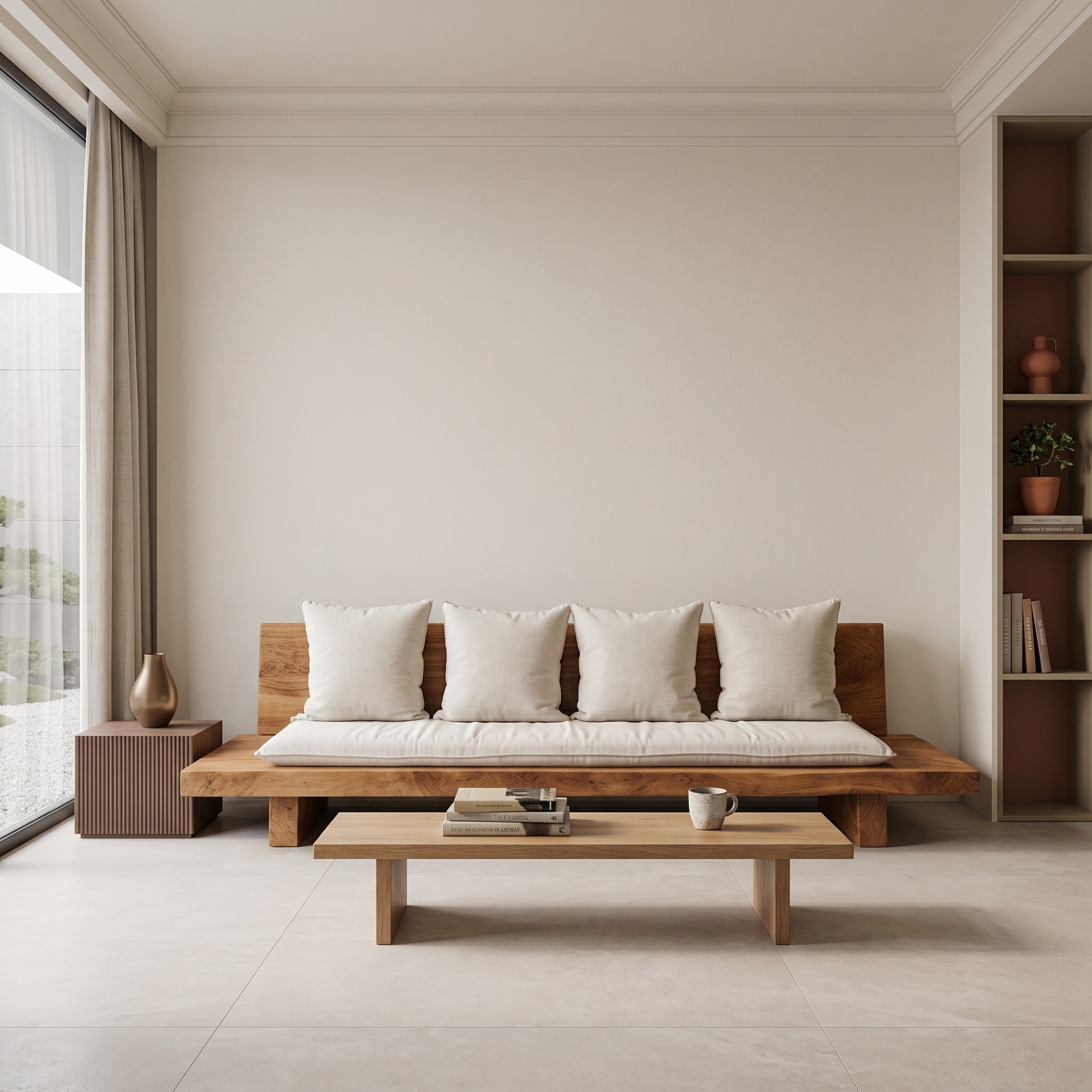 Minimalist Wooden Sofa with Cushions for Living Room