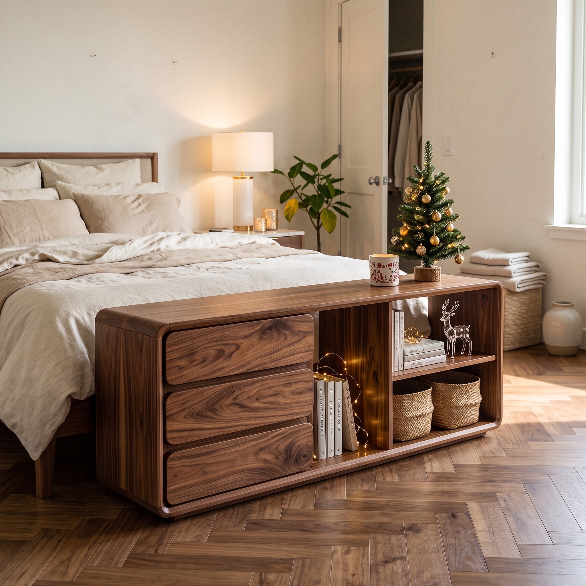 Minimalist Xmas Bedroom Storage Bench Reindeer Decor