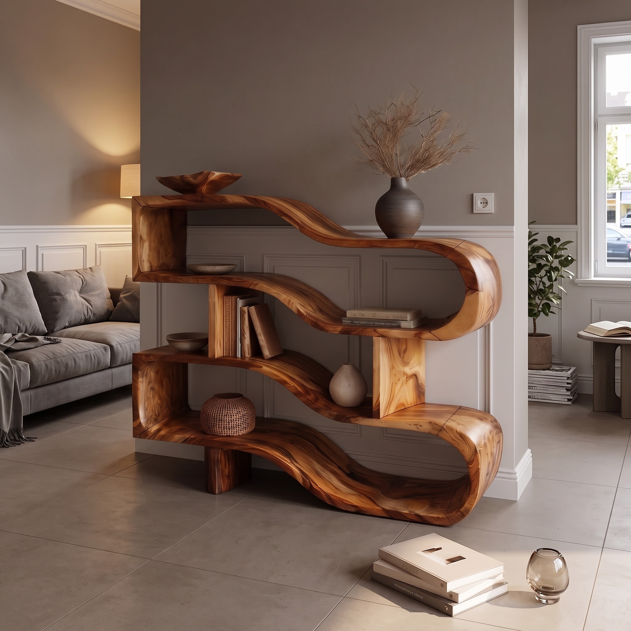 Modern Architectural Wooden Display Shelf with Floating Curves