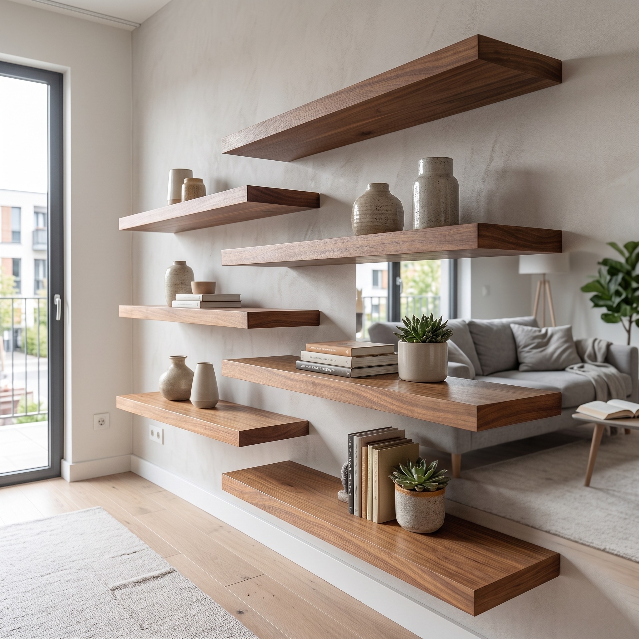 Modern Asymmetrical Floating Wall Shelves Solid Wood Statement Display
