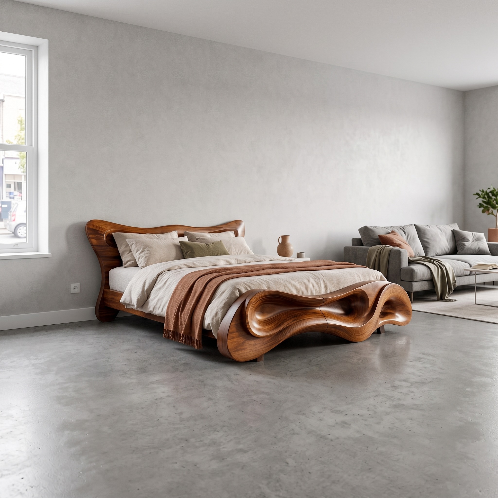 Modern Bed Frame with Wave Inspired Silhouette for Bedroom