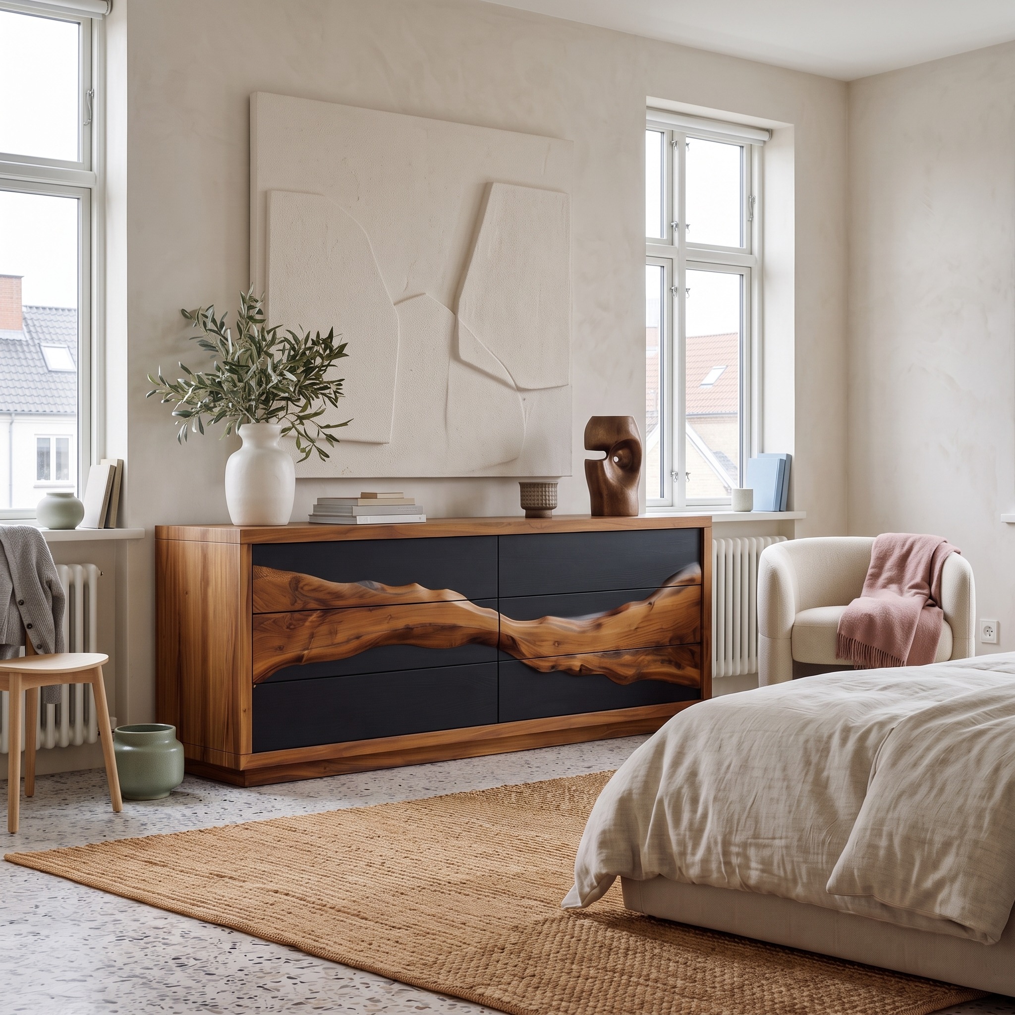 Modern Black Dresser with Contrasting Natural Wood Grain Front for Bedroom