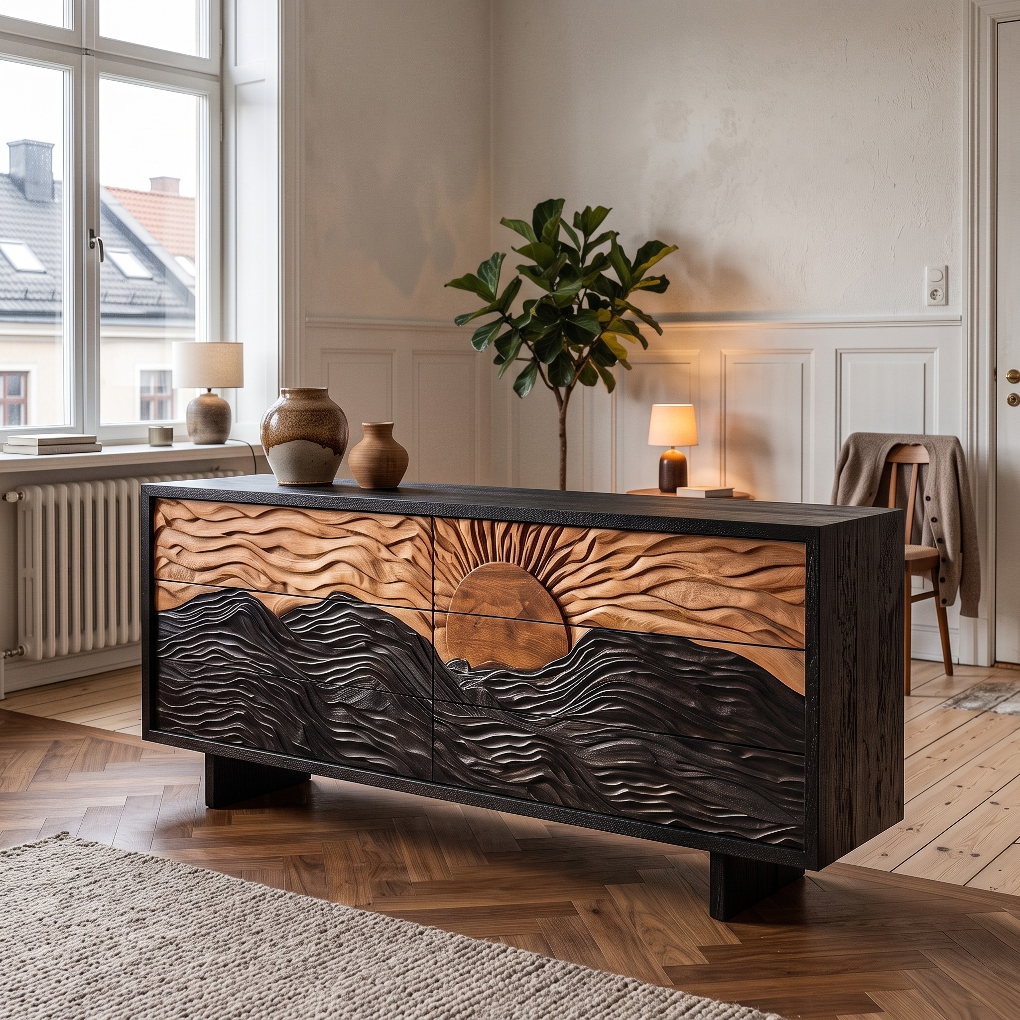 Modern Black Dresser with Mountain Landscape Carved Front for Bedroom