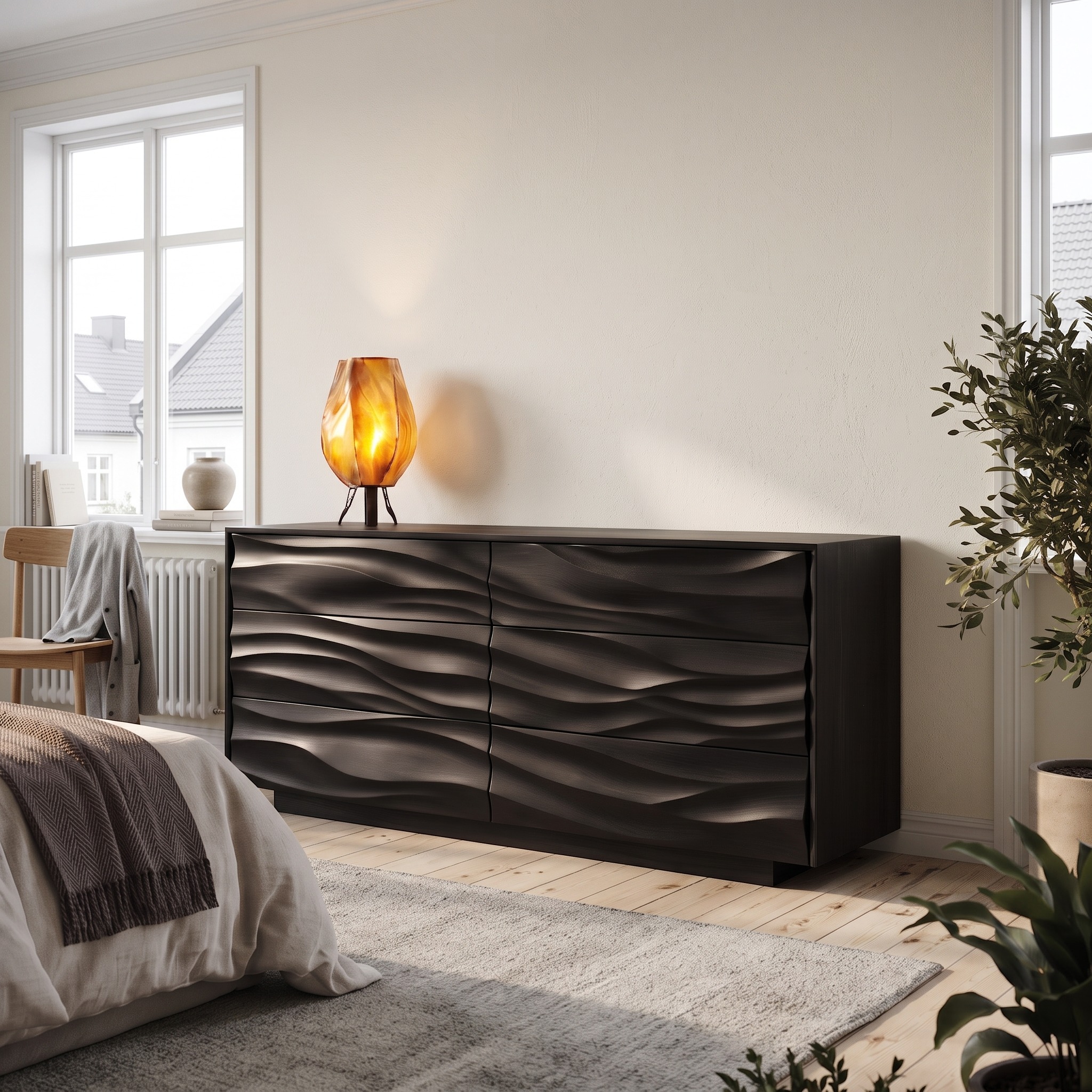 Modern Black Dresser with Wave Carved Front and Square Edge Design for Bedroom
