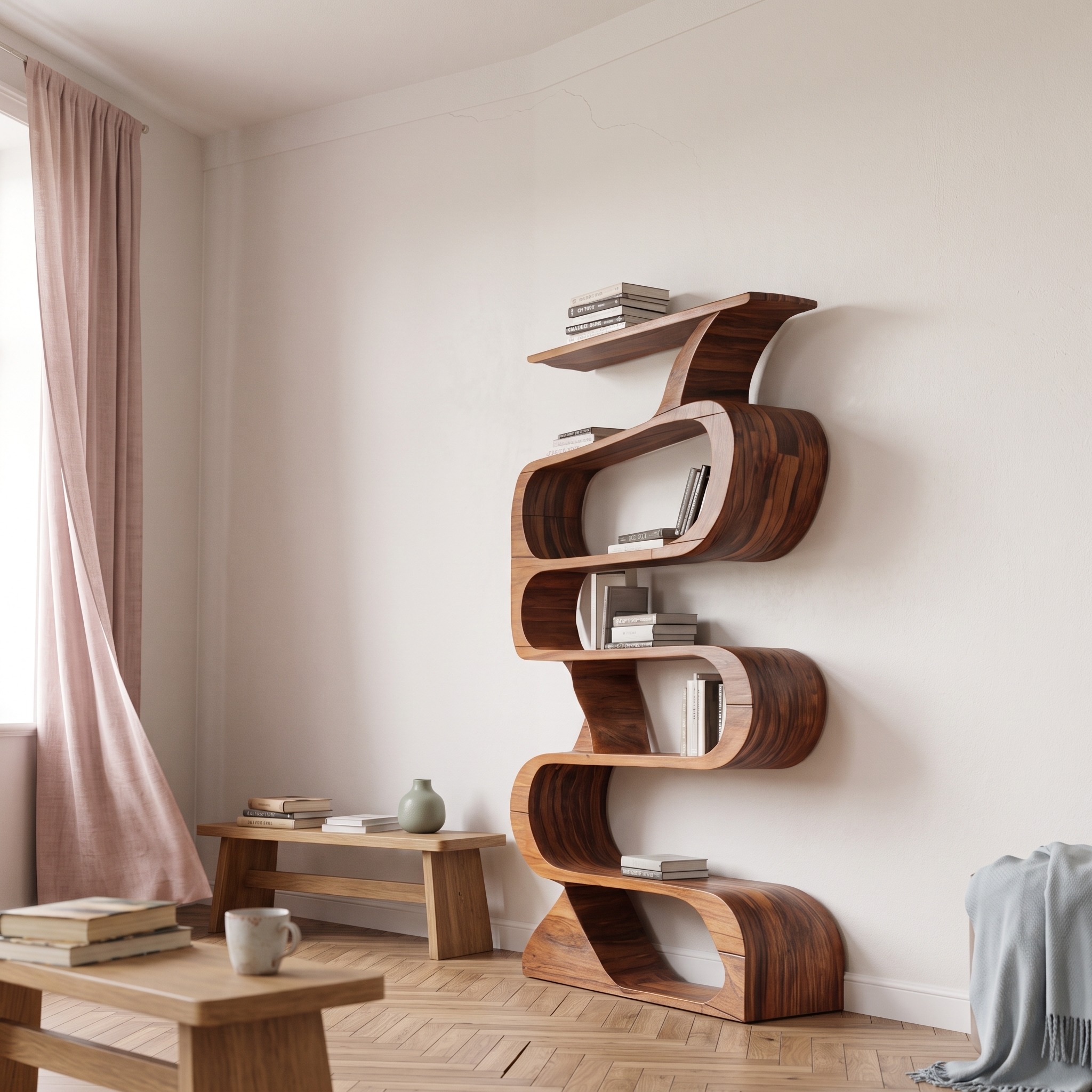 Modern Bookshelf with Curved Design, Handcrafted Solid Wood Bookcase with Open Shelving for Living Room & Office