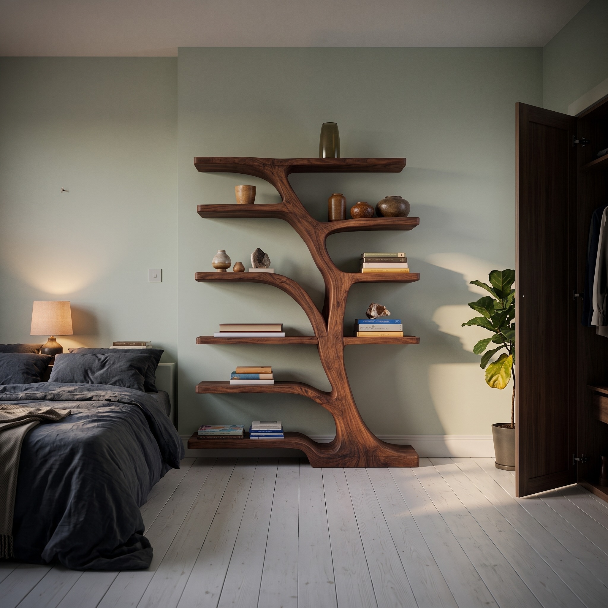 Modern Bookshelf with Flowing Curved Design, Handcrafted Solid Wood Bookcase for Elegant Living Room Display