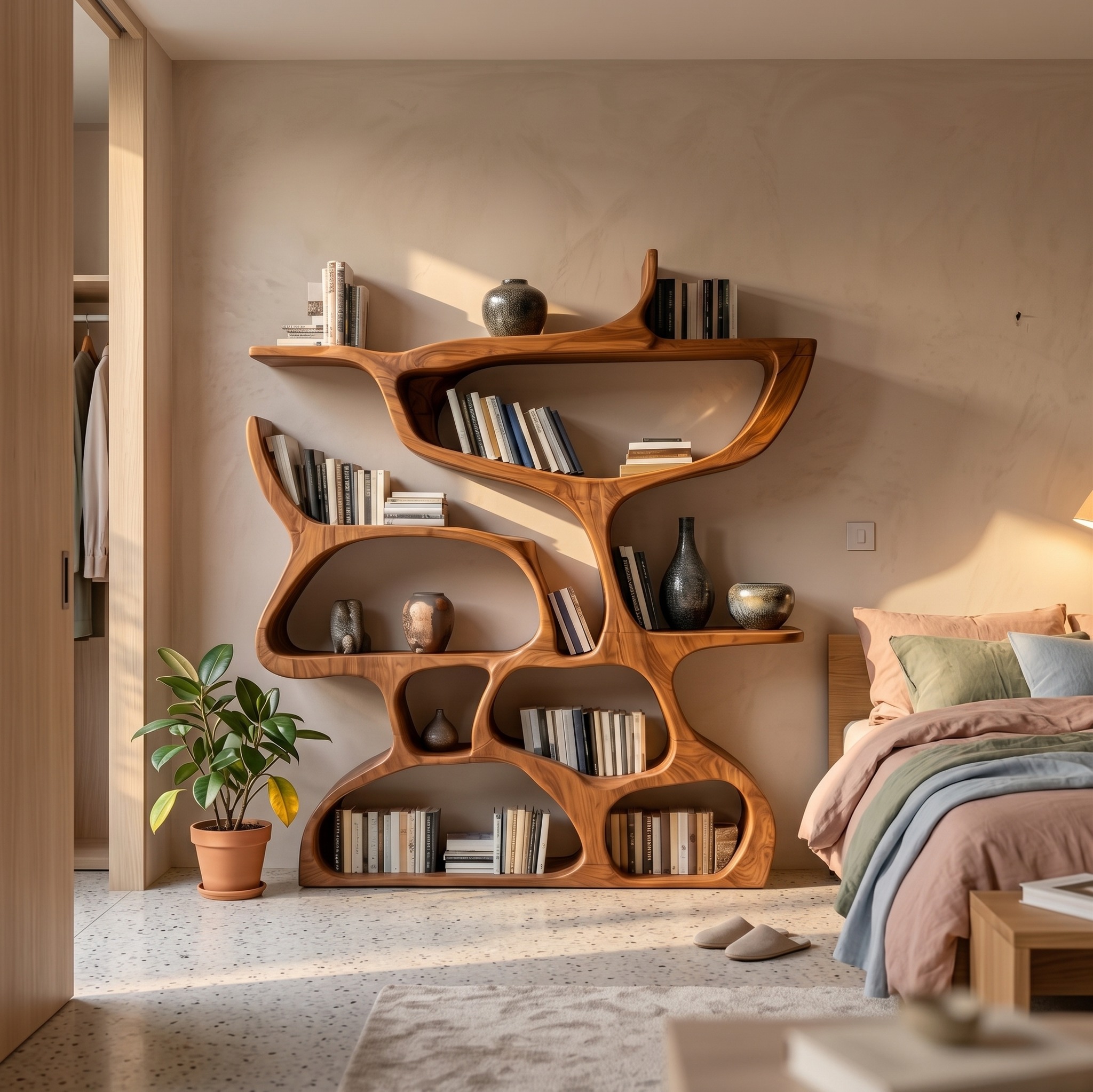 Modern Bookshelf with Organic Carved Design, Solid Wood Open Display Shelves Bookcase for Living Room