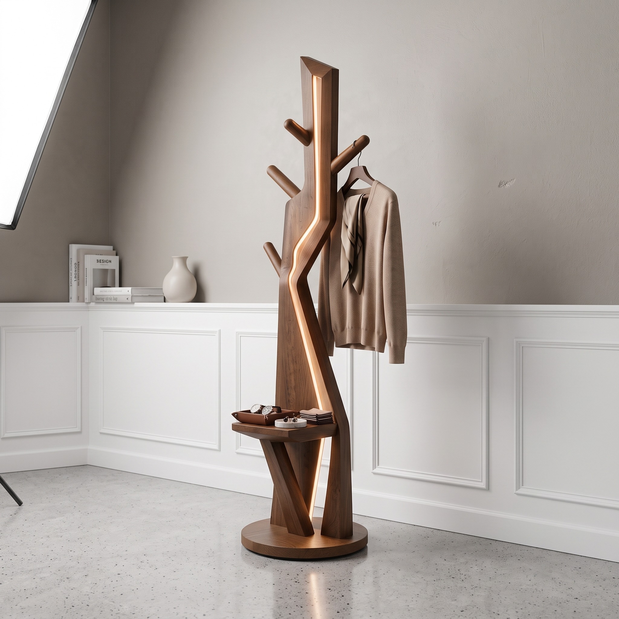Modern Branch Lamp with Hooks for Entryway