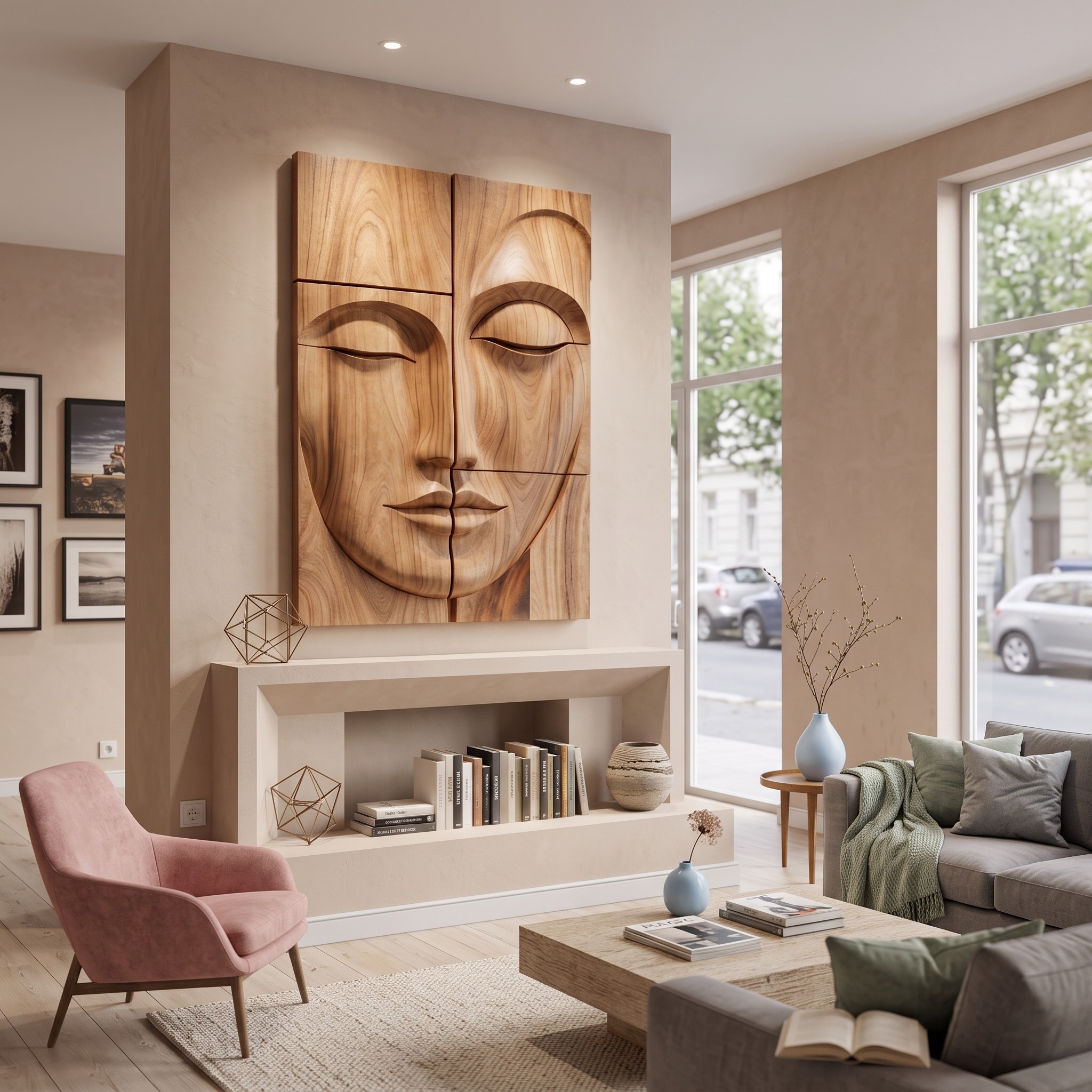 Modern Buddha Face Wall Art, Hand Carved Wood Spiritual Zen Sculpture for Living Room & Entryway Decor