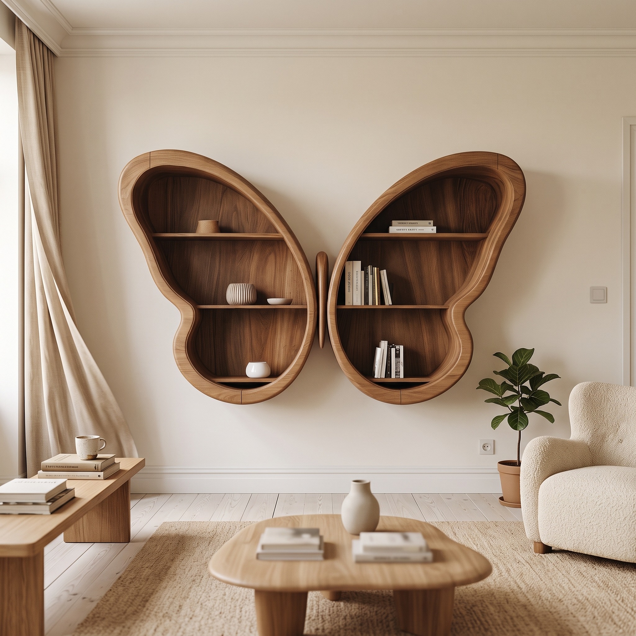 Modern Butterfly Wall Shelf, Sculptural Wooden Display Floating Shelf for Living Room