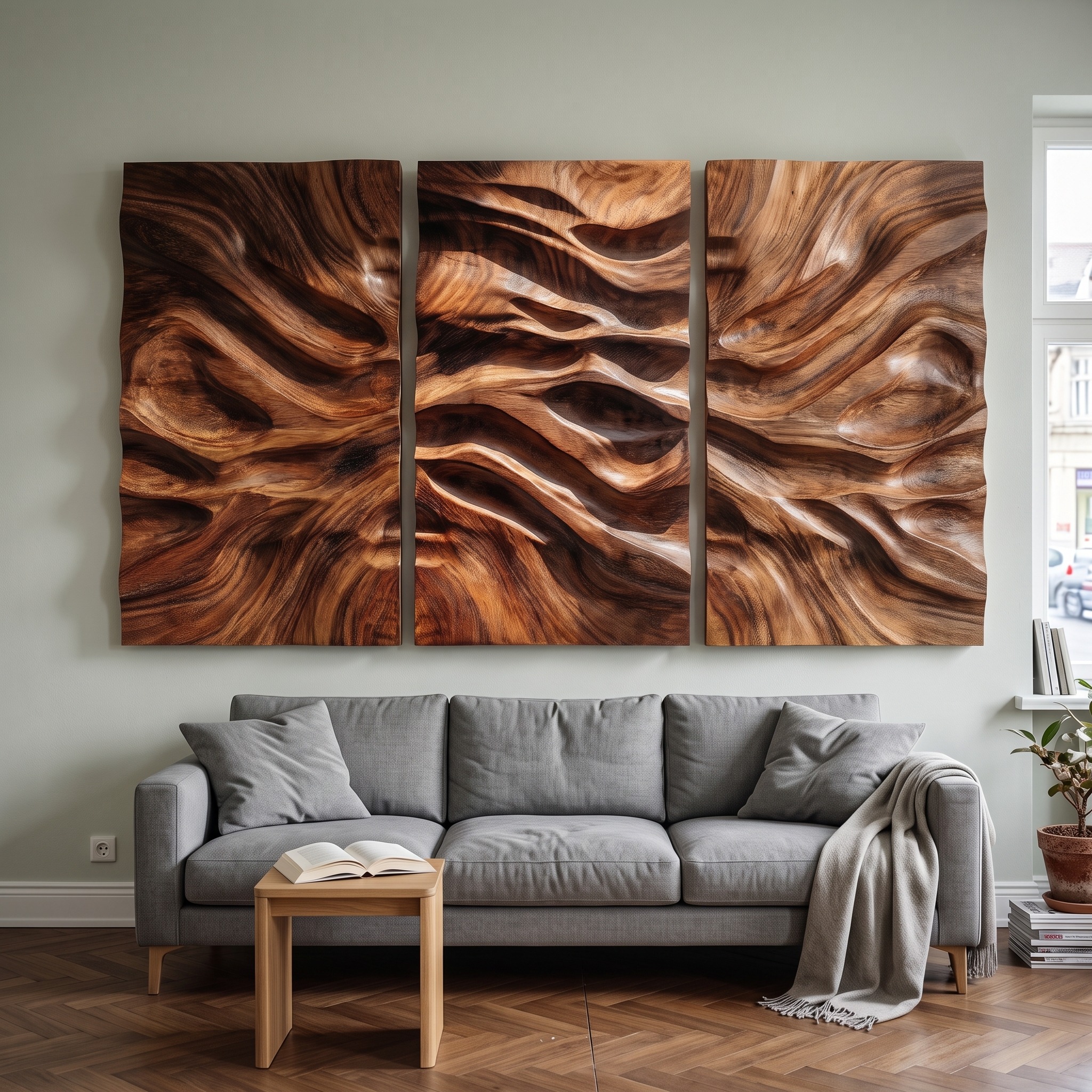 Modern Carved Wall Art, Handcrafted Textured Wooden Panel Hanging Decor for Living Room & Bedroom