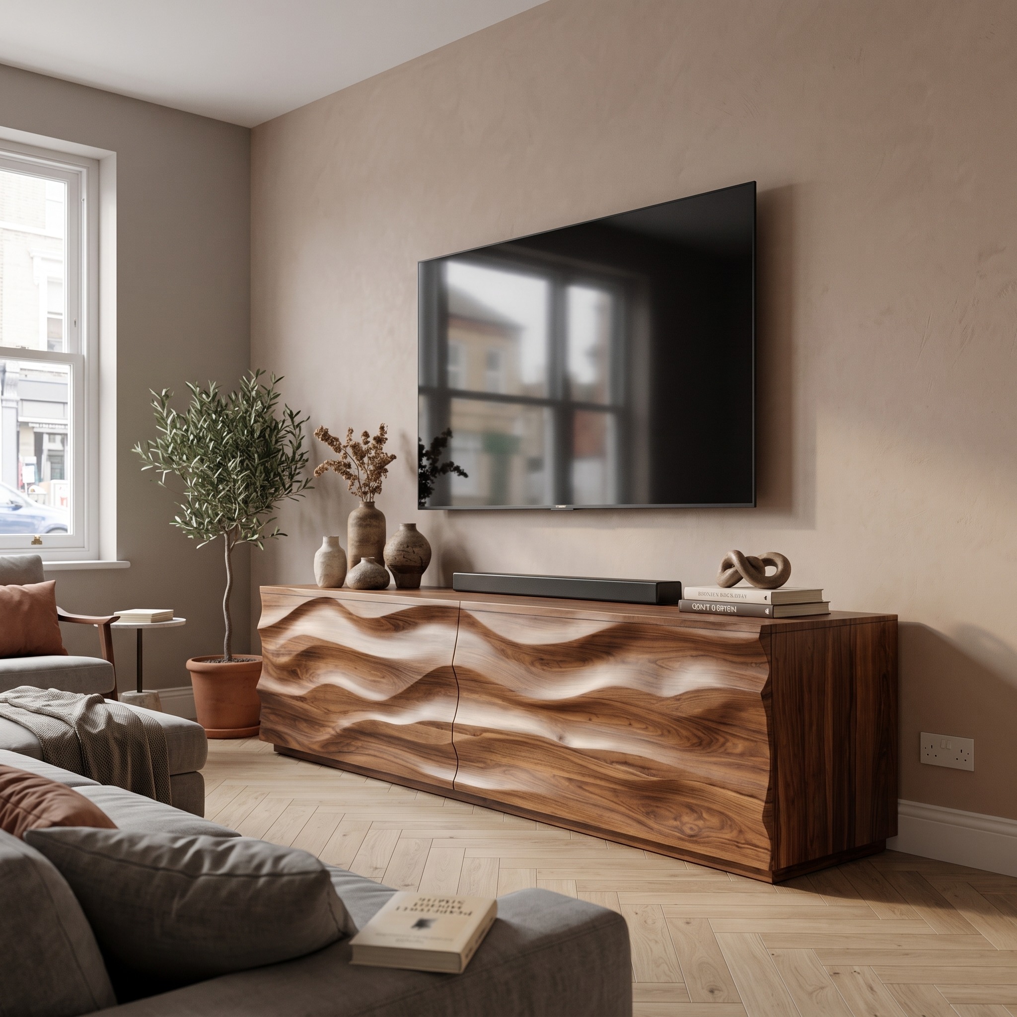 Modern Carved Wooden Media Console with Textured Wave Front, Living Room TV Stand Credenza Storage Cabinet