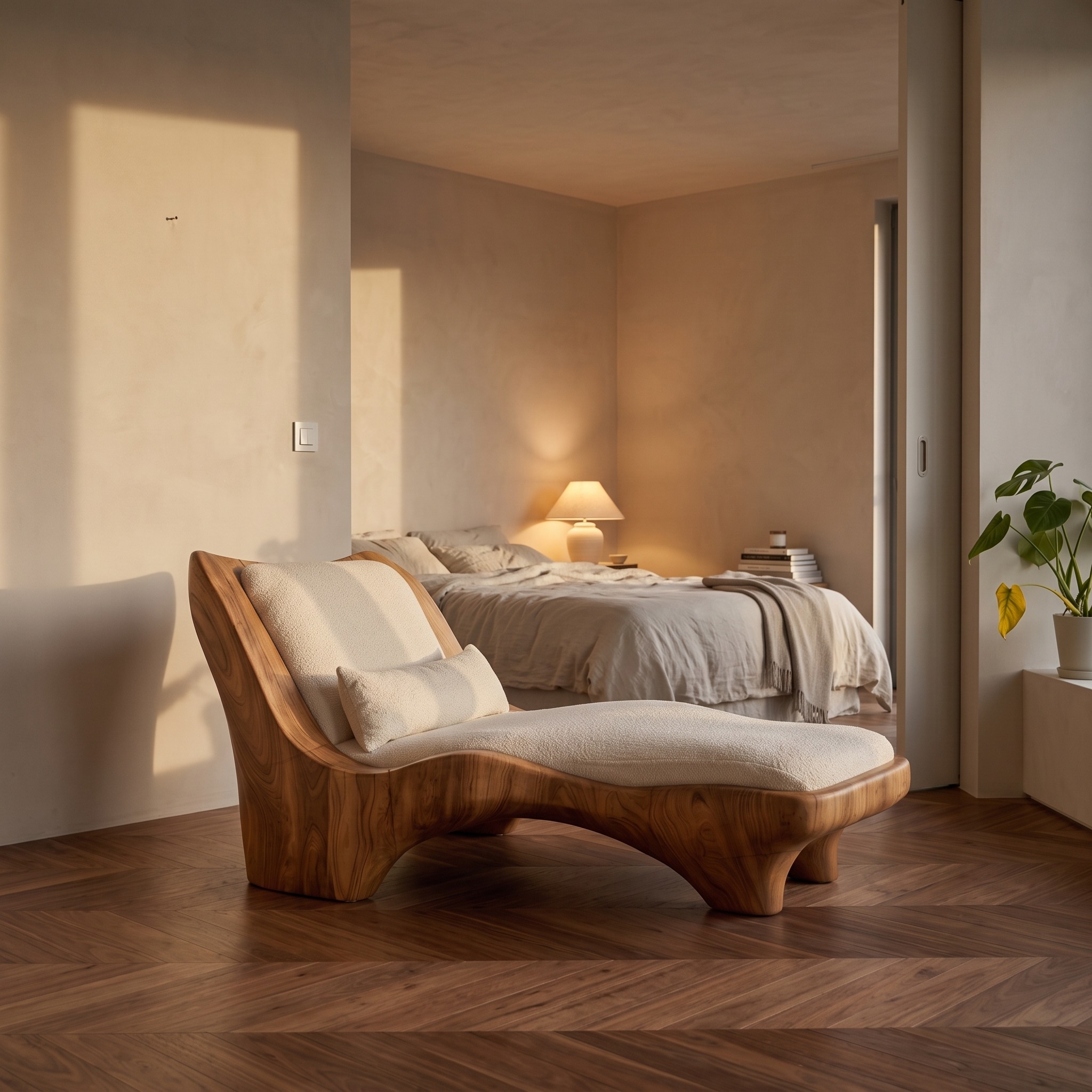 Modern Chaise Lounge Chair with Curved Solid Wood Base, Upholstered Daybed Recliner for Living Room
