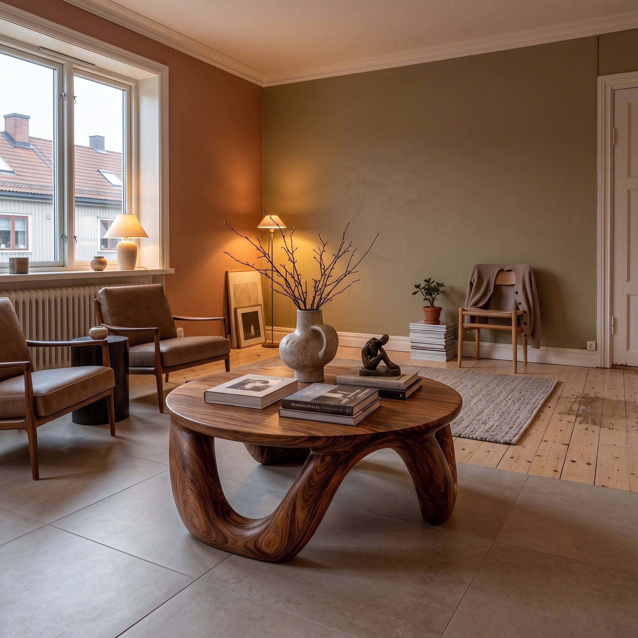 Modern Coffee Table with Round Solid Wood Top & Artistic Sculptural Base, Circular Living Room Center Table