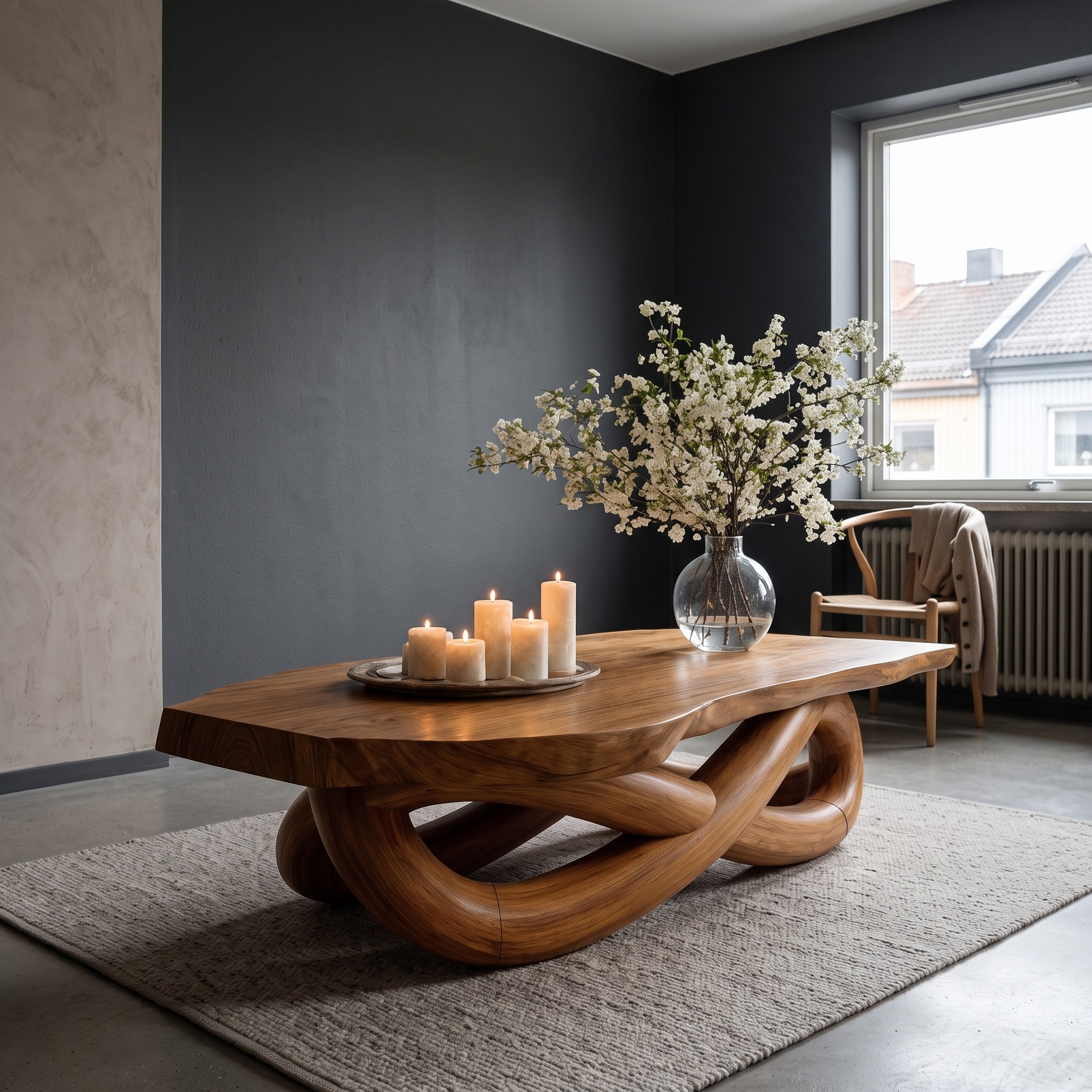 Modern Coffee Table with Twisted Sculptural Base for Living Room