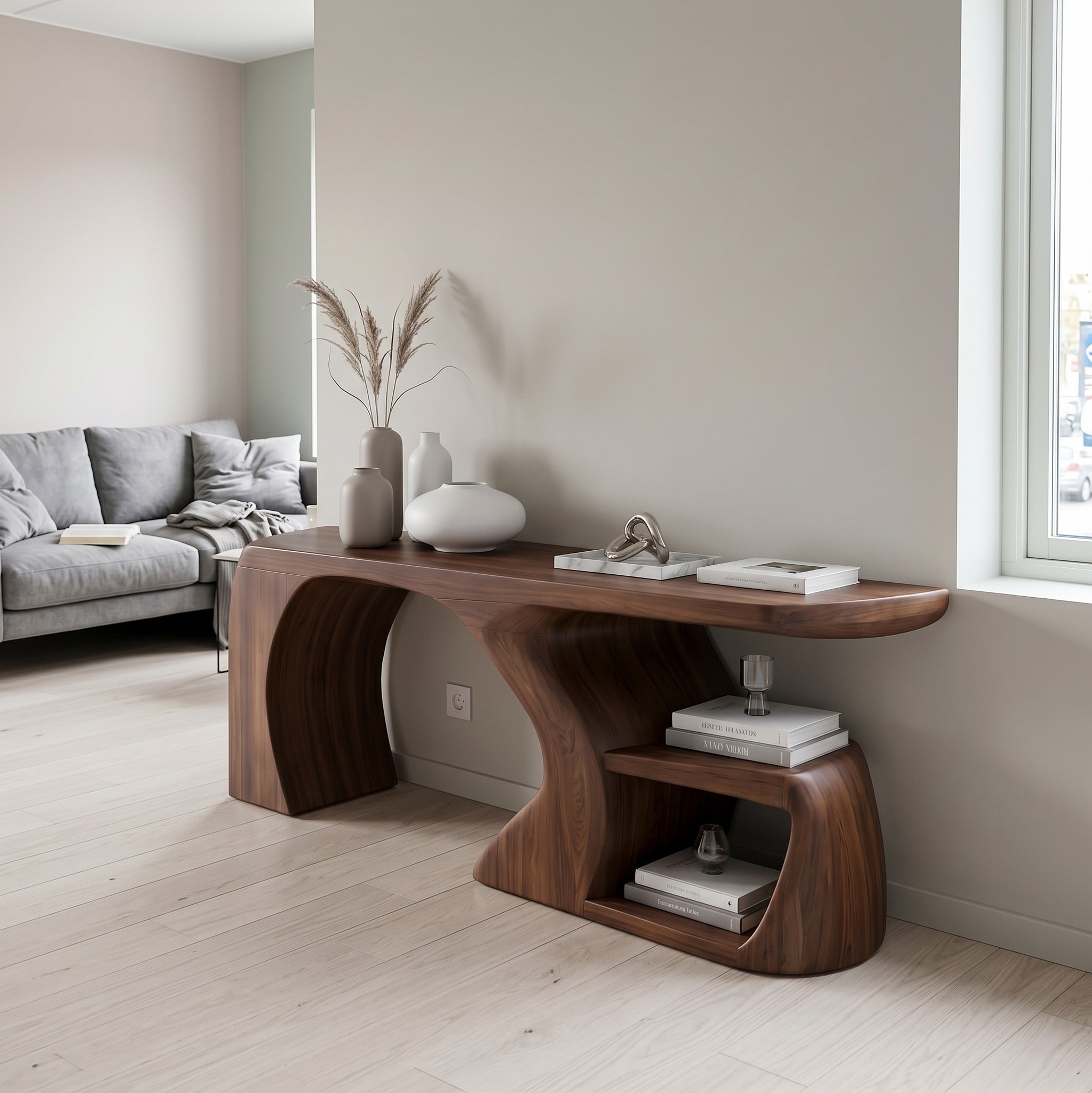 Modern Console Table, Architectural Curved Wood Entryway Table, Minimalist Sofa Table for Hallway & Foyer
