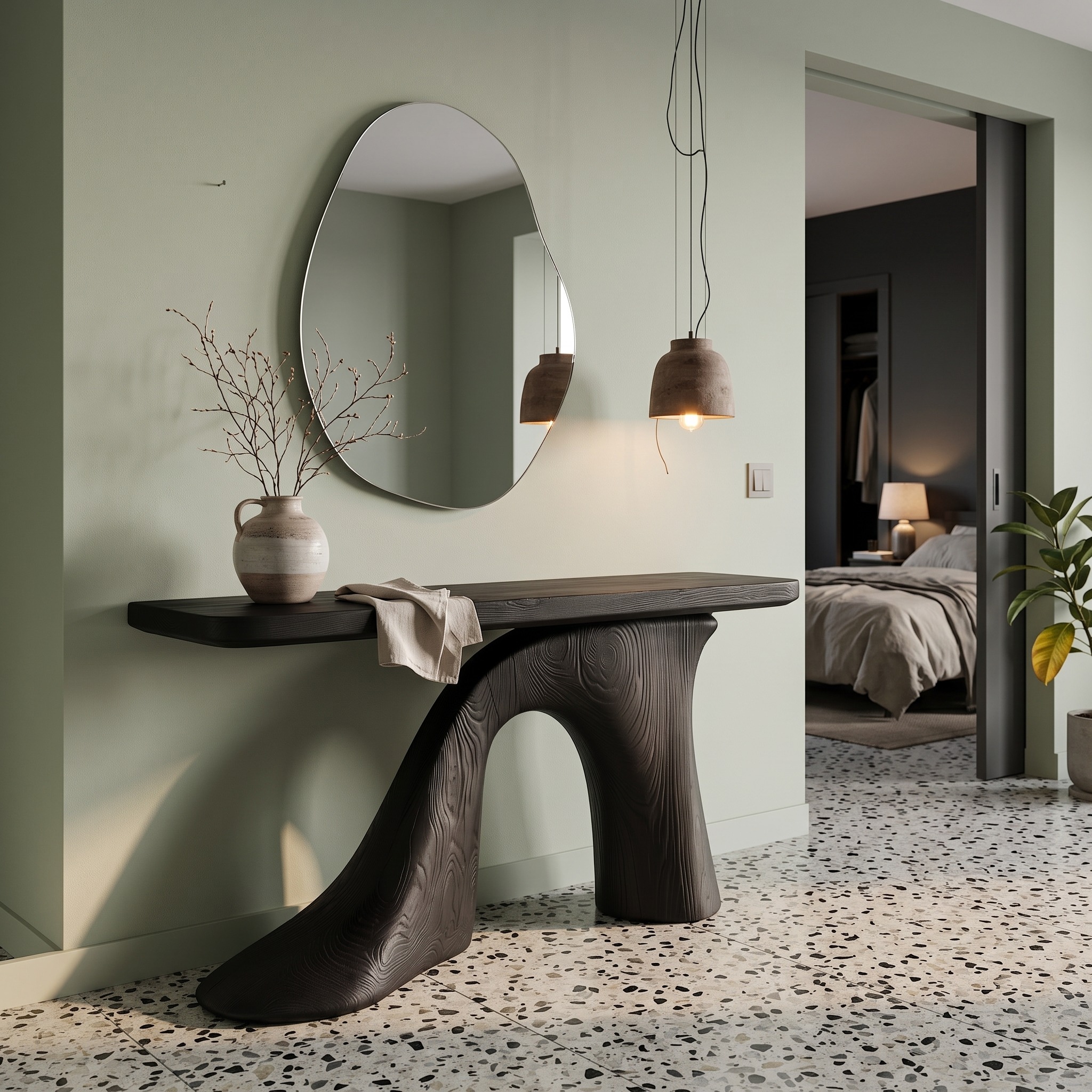 Modern Console Table, Handcrafted Wooden Entryway Table with Sculptural Base for Living Room and Office Foyer Decor