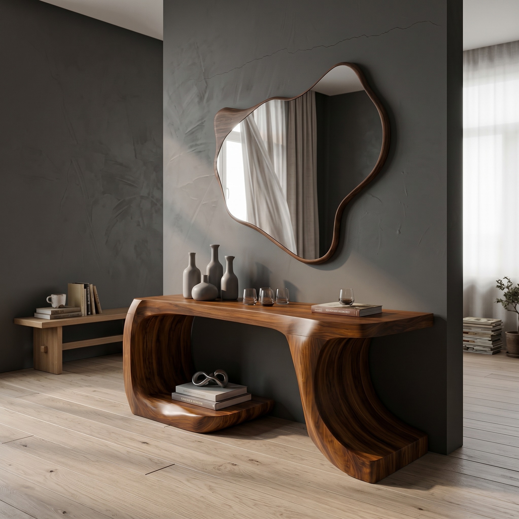 Modern Console Table, Organic Geometric Form Wood Entryway Table, Contemporary Foyer Sofa Table for Hallway