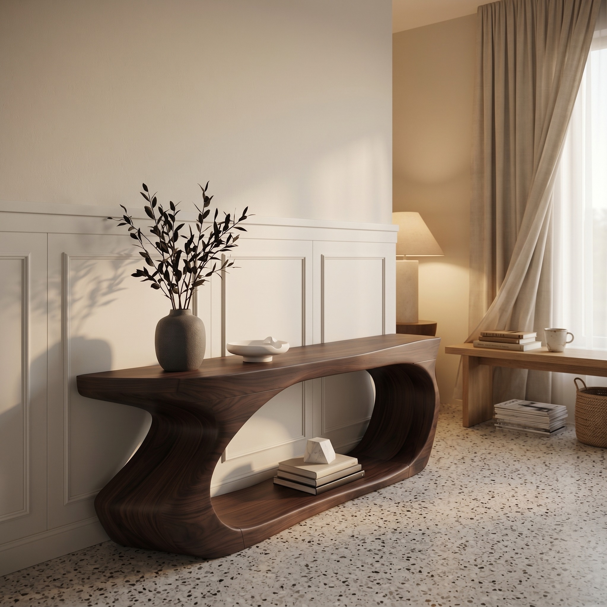 Modern Console Table, Sculptural Circular Form Wood Entryway Table, Creative Foyer Sofa Table for Hallway