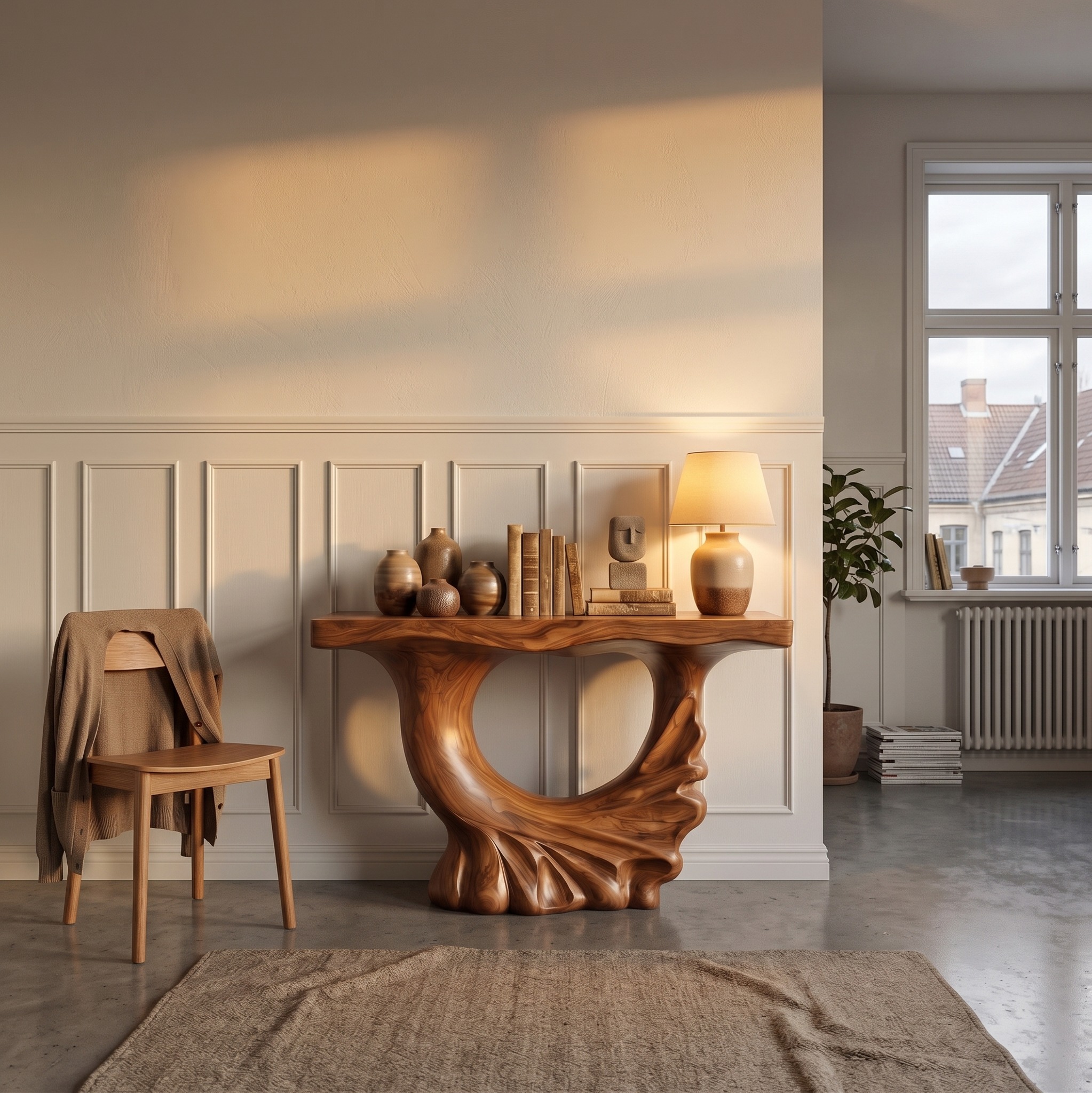 Modern Console Table, Sculptural Ring Form Pedestal Base Solid Wood Entryway Table for Living Room & Foyer