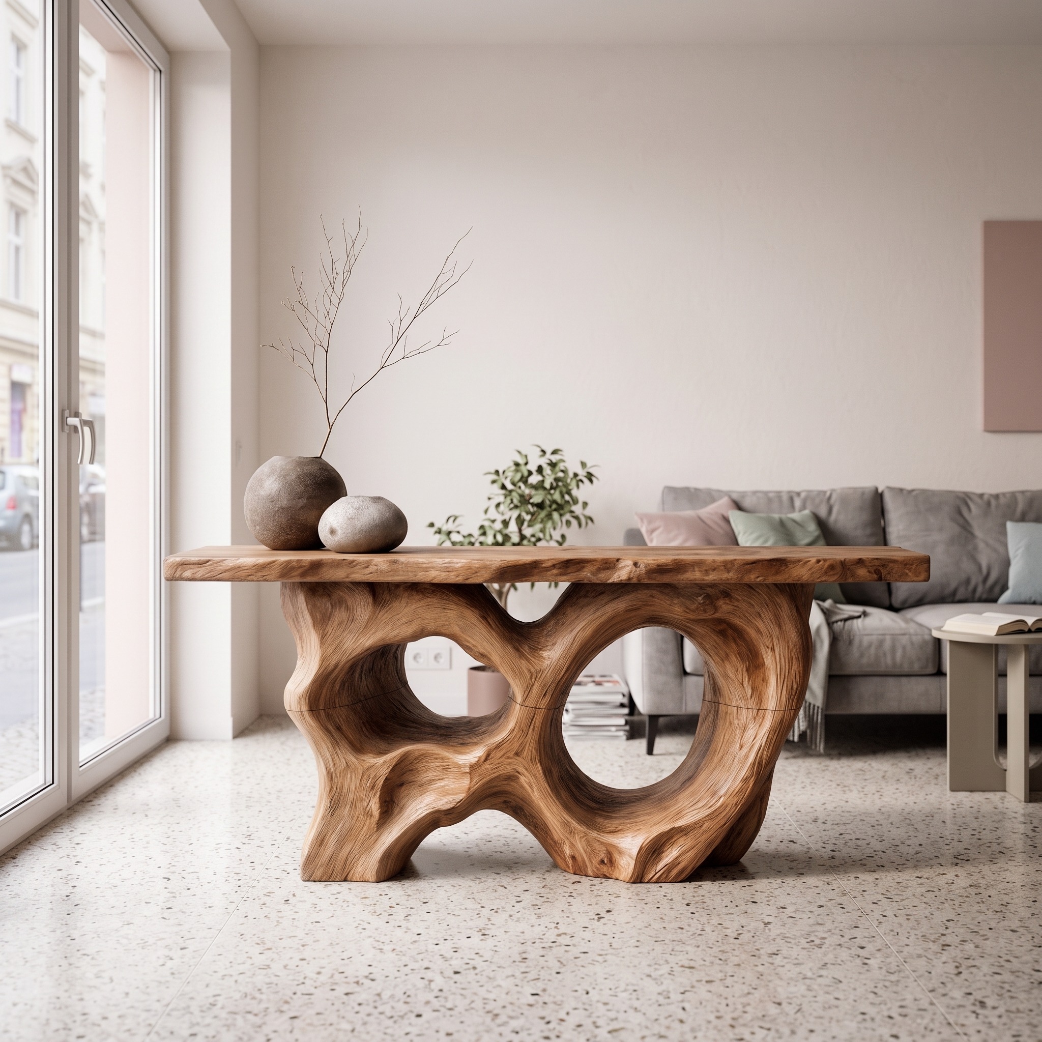 Modern Console Table with Sculptural Asymmetrical Wood Base for Living Room