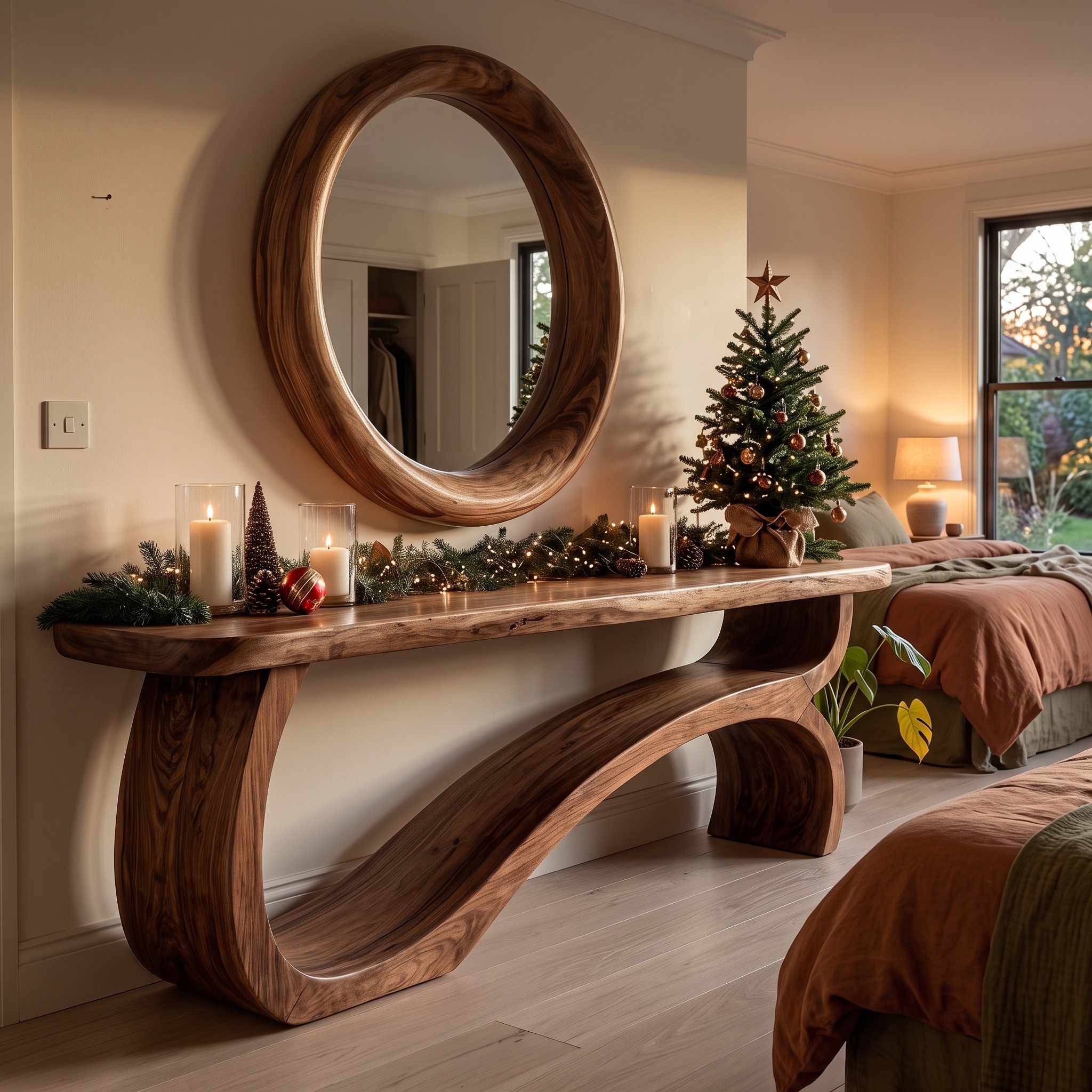 Modern Console Table with Sculptural Open Wood Base for Living Room