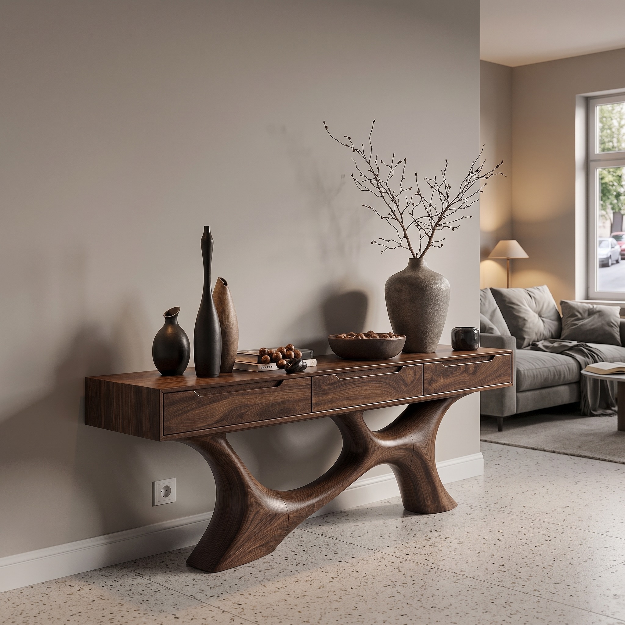 Modern Console Table with Storage Cabinet, Sculptural Curved Solid Wood Base for Entryway & Living Room