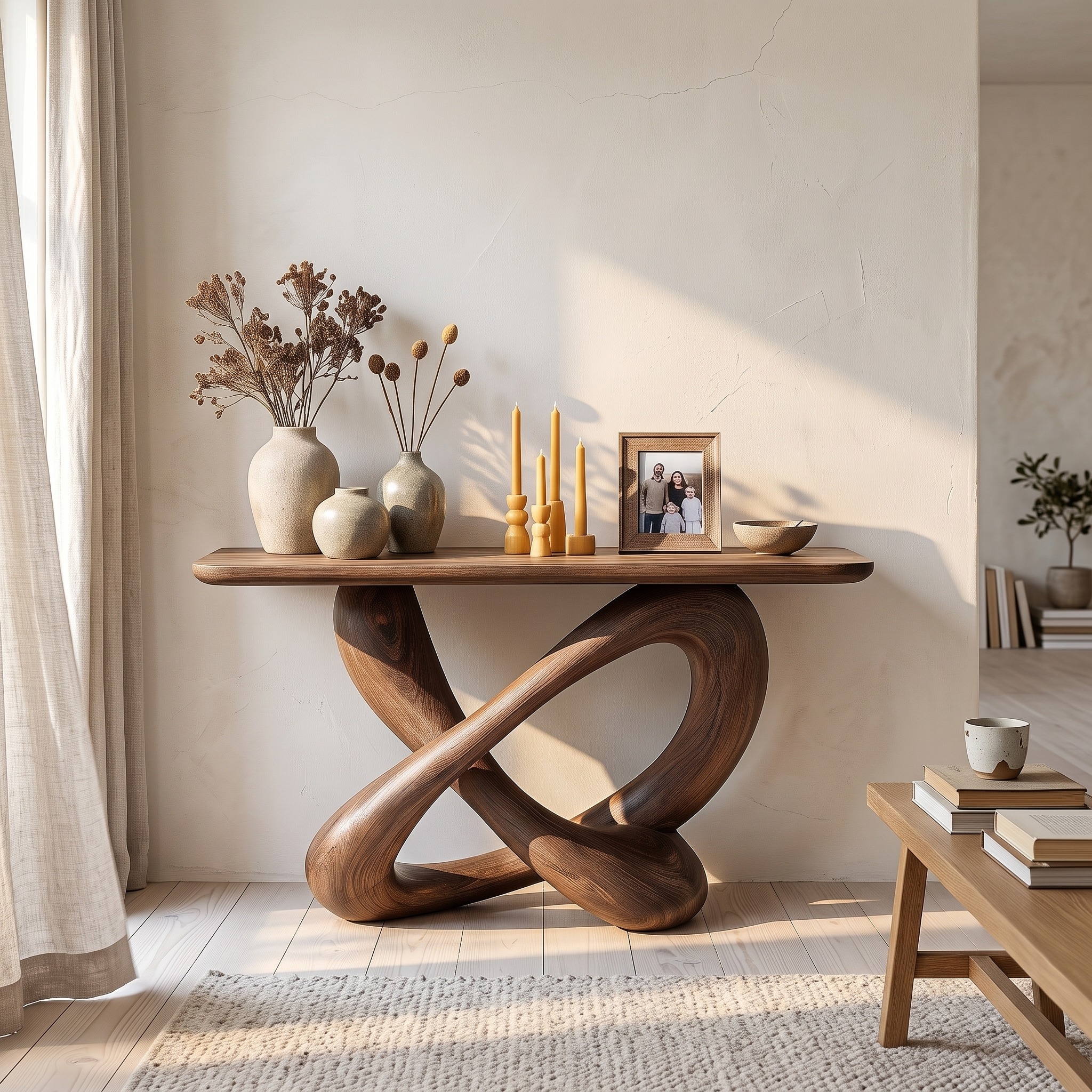 Modern Console Table with Twisted Ribbon Wood Base for Entryway